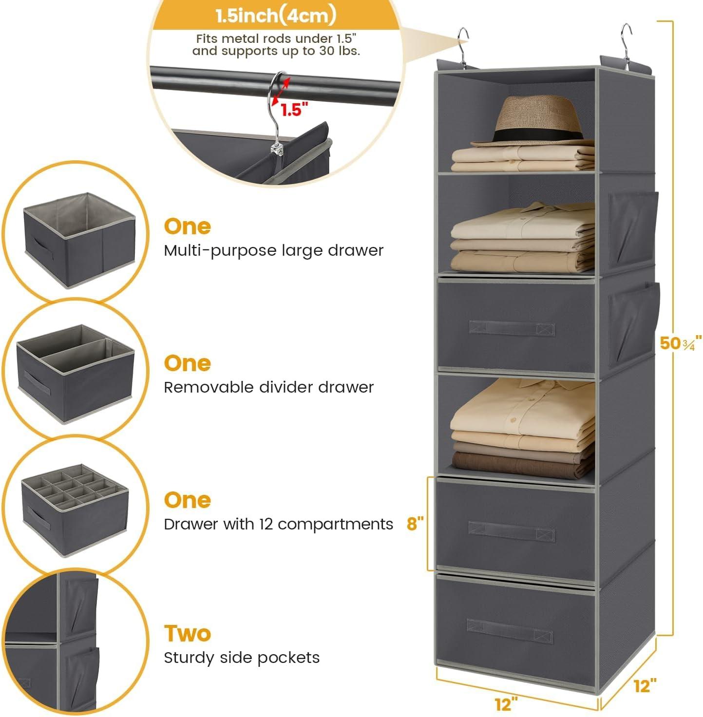 image:imageHanging Closet Organizer 6Shelf with 3 Drawers amp Side Pockets Closet Organizers and Storage for Dorm Nursery amp Wardrobe Organization Hanging Shelf Clothes Organizer for Sweaters Shoes GrayGrey