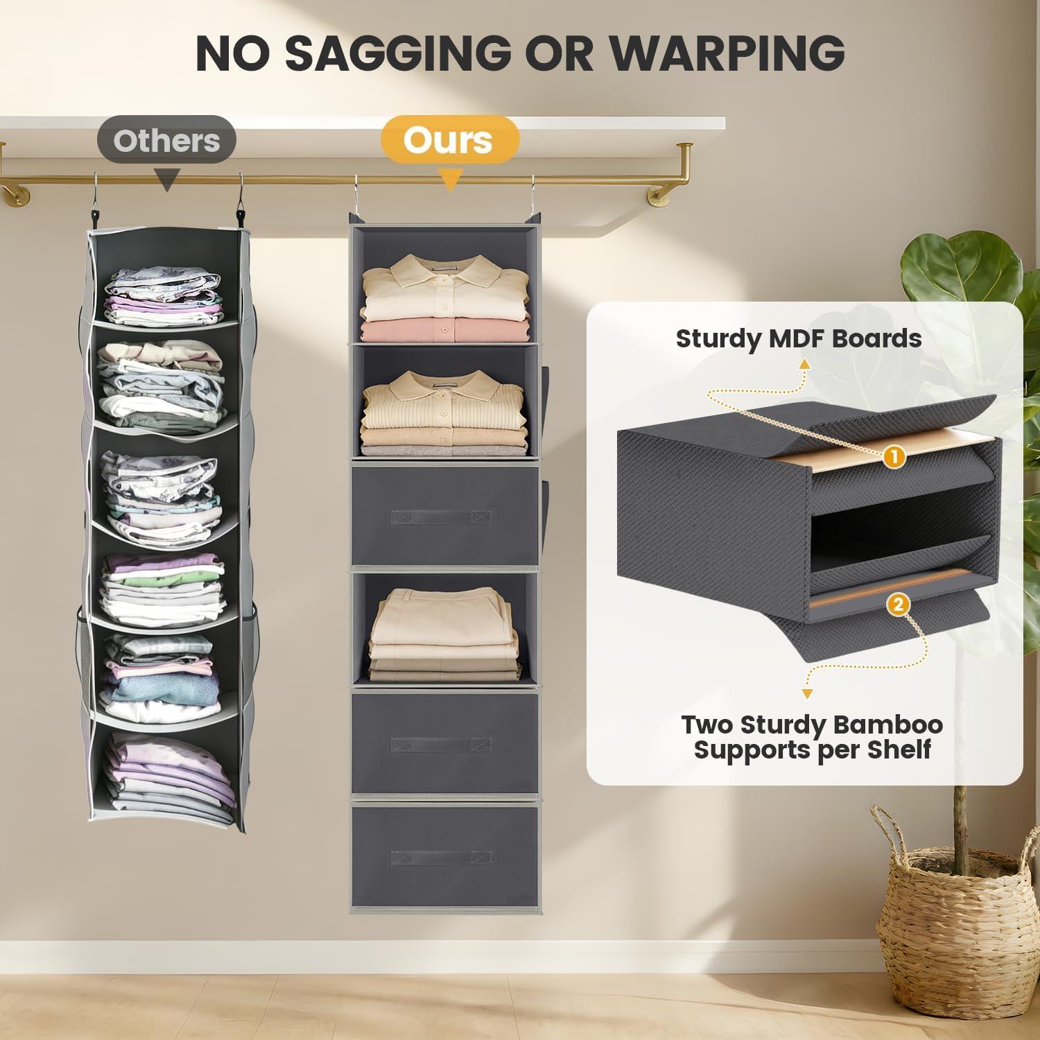 image:imageHanging Closet Organizer 6Shelf with 3 Drawers amp Side Pockets Closet Organizers and Storage for Dorm Nursery amp Wardrobe Organization Hanging Shelf Clothes Organizer for Sweaters Shoes GrayGrey