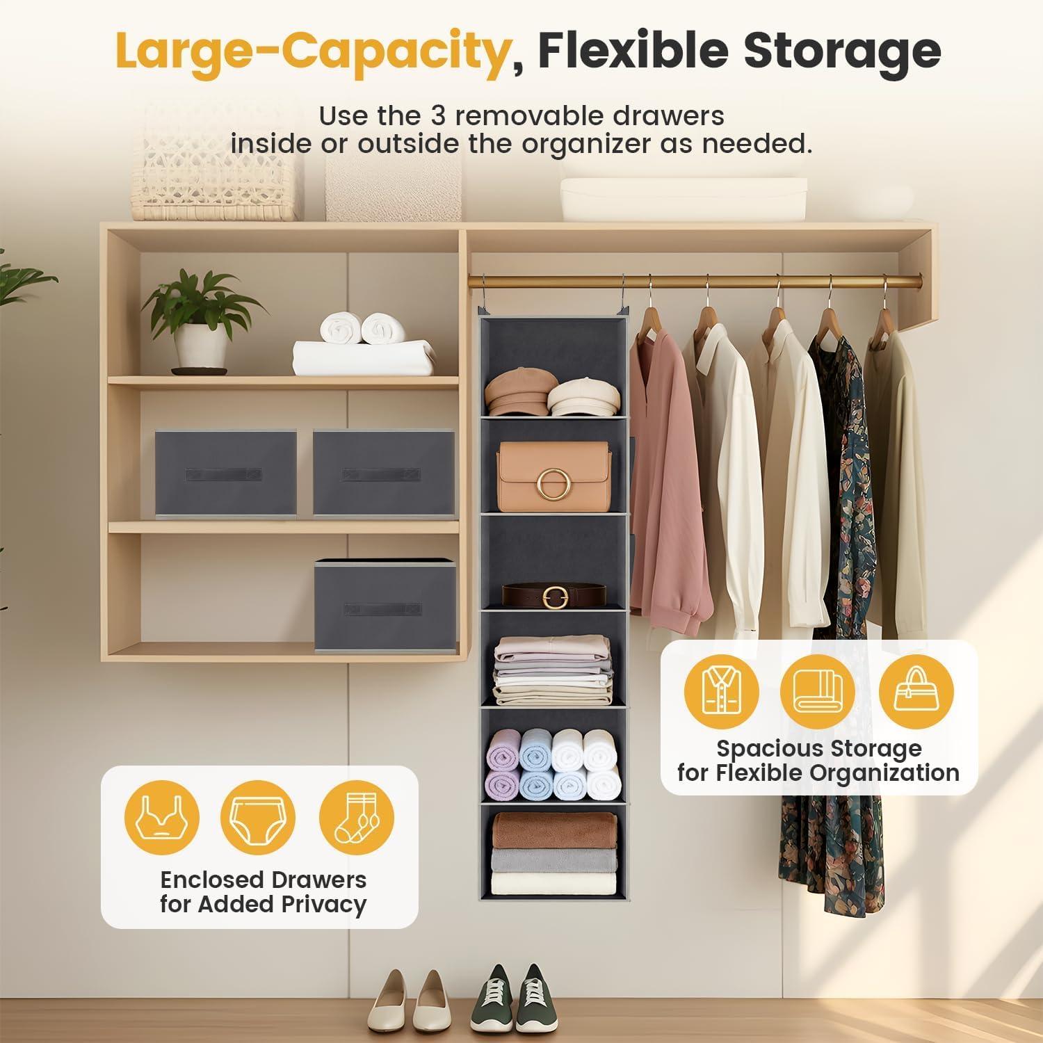 image:imageHanging Closet Organizer 6Shelf with 3 Drawers amp Side Pockets Closet Organizers and Storage for Dorm Nursery amp Wardrobe Organization Hanging Shelf Clothes Organizer for Sweaters Shoes GrayGrey