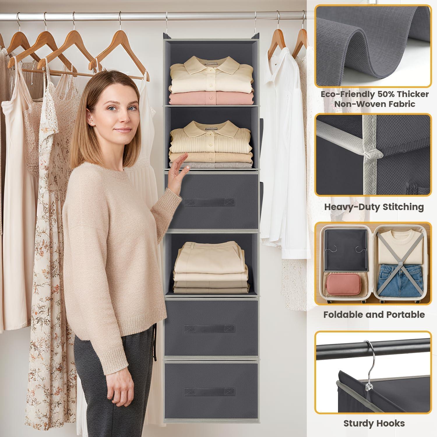 image:imageHanging Closet Organizer 6Shelf with 3 Drawers amp Side Pockets Closet Organizers and Storage for Dorm Nursery amp Wardrobe Organization Hanging Shelf Clothes Organizer for Sweaters Shoes GrayGrey