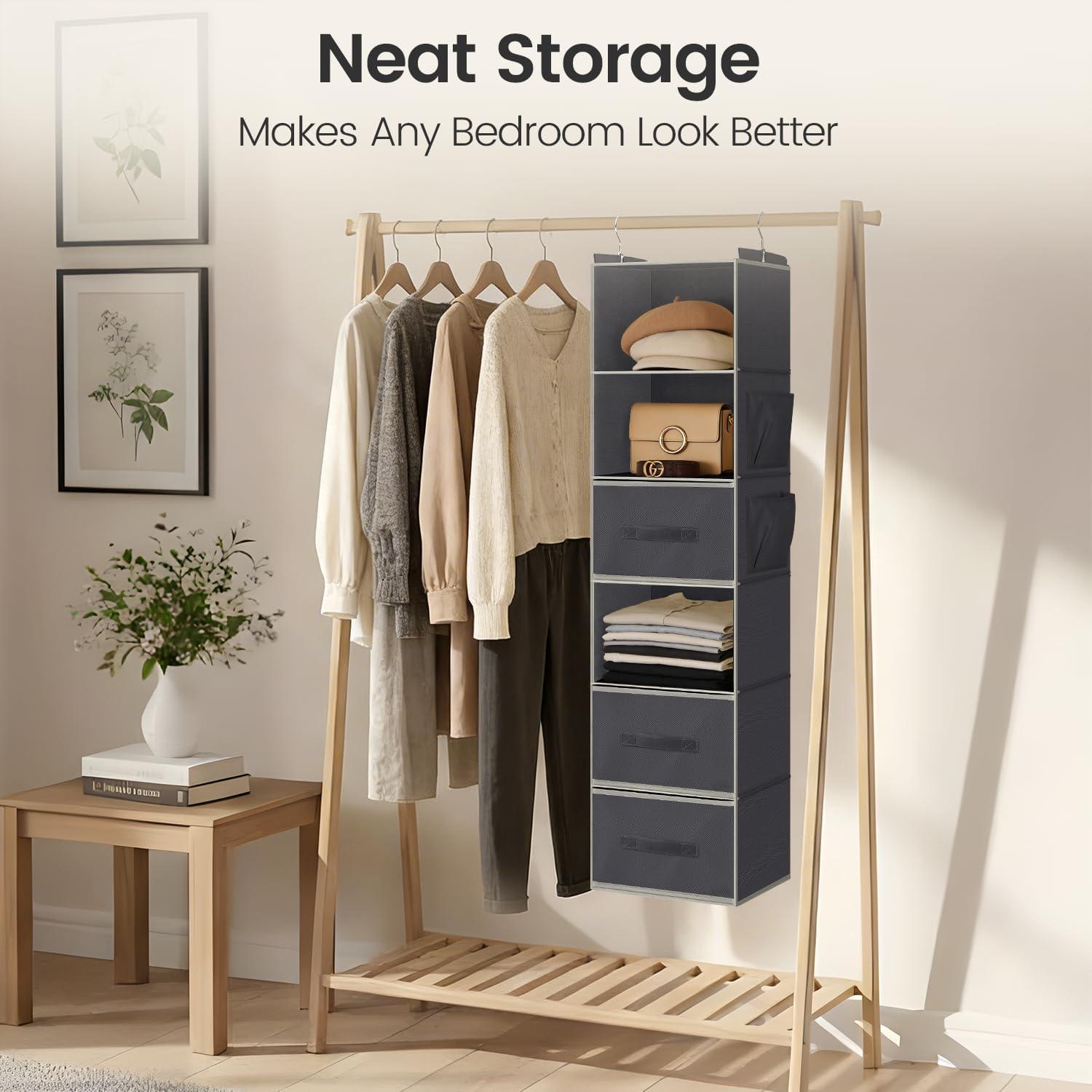 image:imageHanging Closet Organizer 6Shelf with 3 Drawers amp Side Pockets Closet Organizers and Storage for Dorm Nursery amp Wardrobe Organization Hanging Shelf Clothes Organizer for Sweaters Shoes GrayGrey