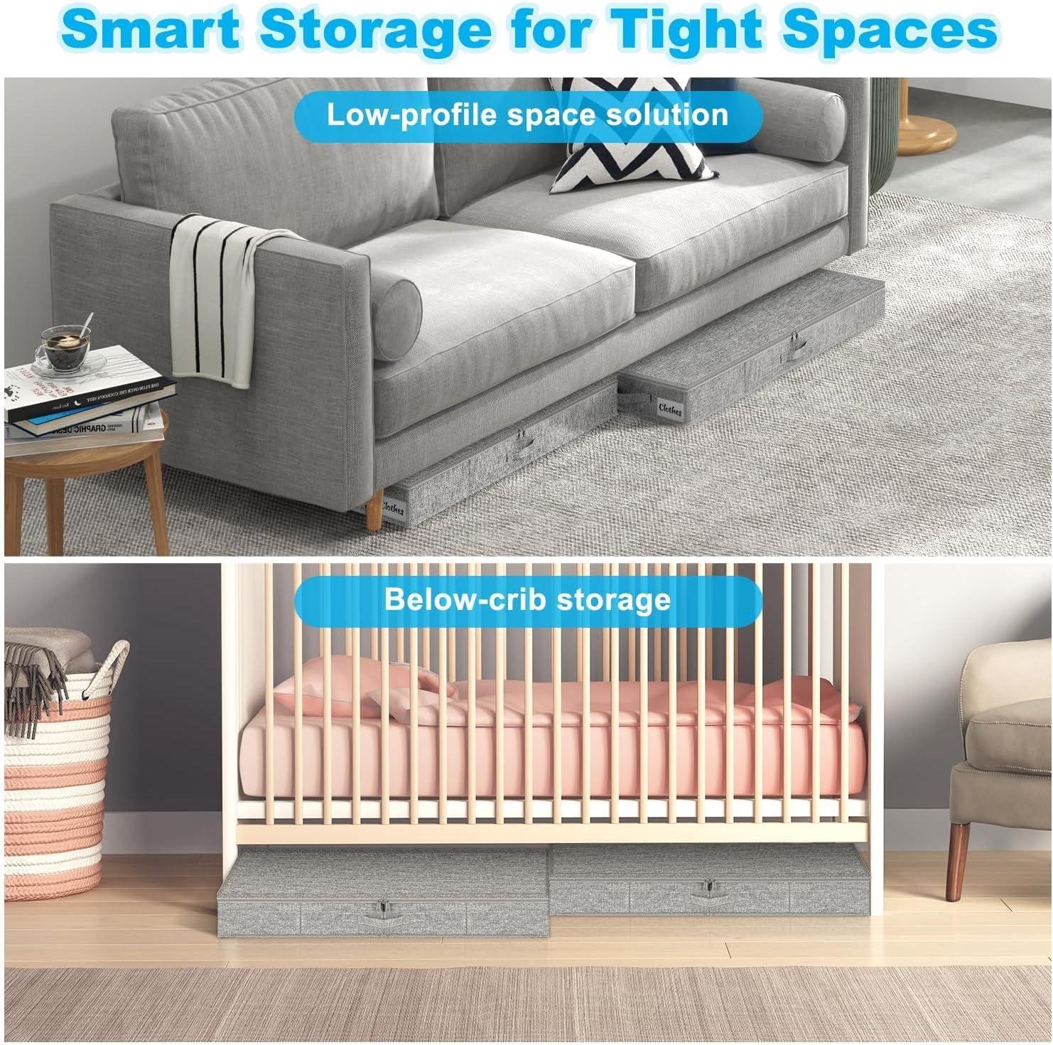 image:imageUnder Bed Storage Container Bins 2 Pack 4 Inch Thin Low Profile Underbed Clothes Storage Organizer for Dorm amp Home Use for Blanket and Toy Storage Box W Sturdy BottomSides Foldable Thick FabricRigidGray2 Pack