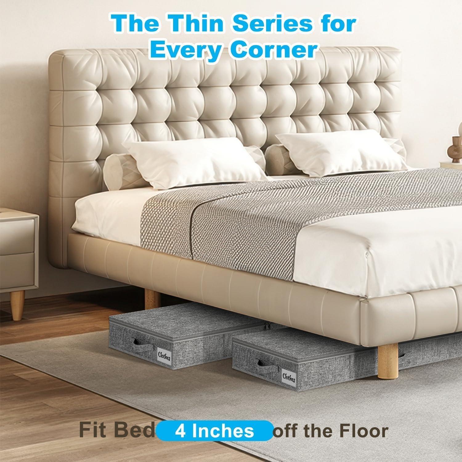 image:imageUnder Bed Storage Container Bins 2 Pack 4 Inch Thin Low Profile Underbed Clothes Storage Organizer for Dorm amp Home Use for Blanket and Toy Storage Box W Sturdy BottomSides Foldable Thick FabricRigidGray2 Pack