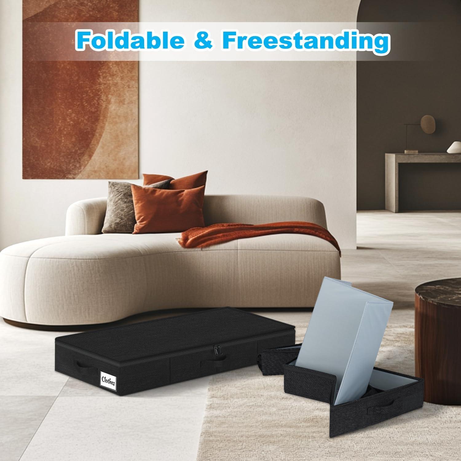 image:imageUnder Bed Storage Container Bins 2 Pack 45 Inch Slim Low Profile Underbed Clothes Storage Organizer for Dorm amp Home Use for Blanket and Toy Storage Box W Sturdy BottomSides Foldable Thick FabricBlack4 Pack