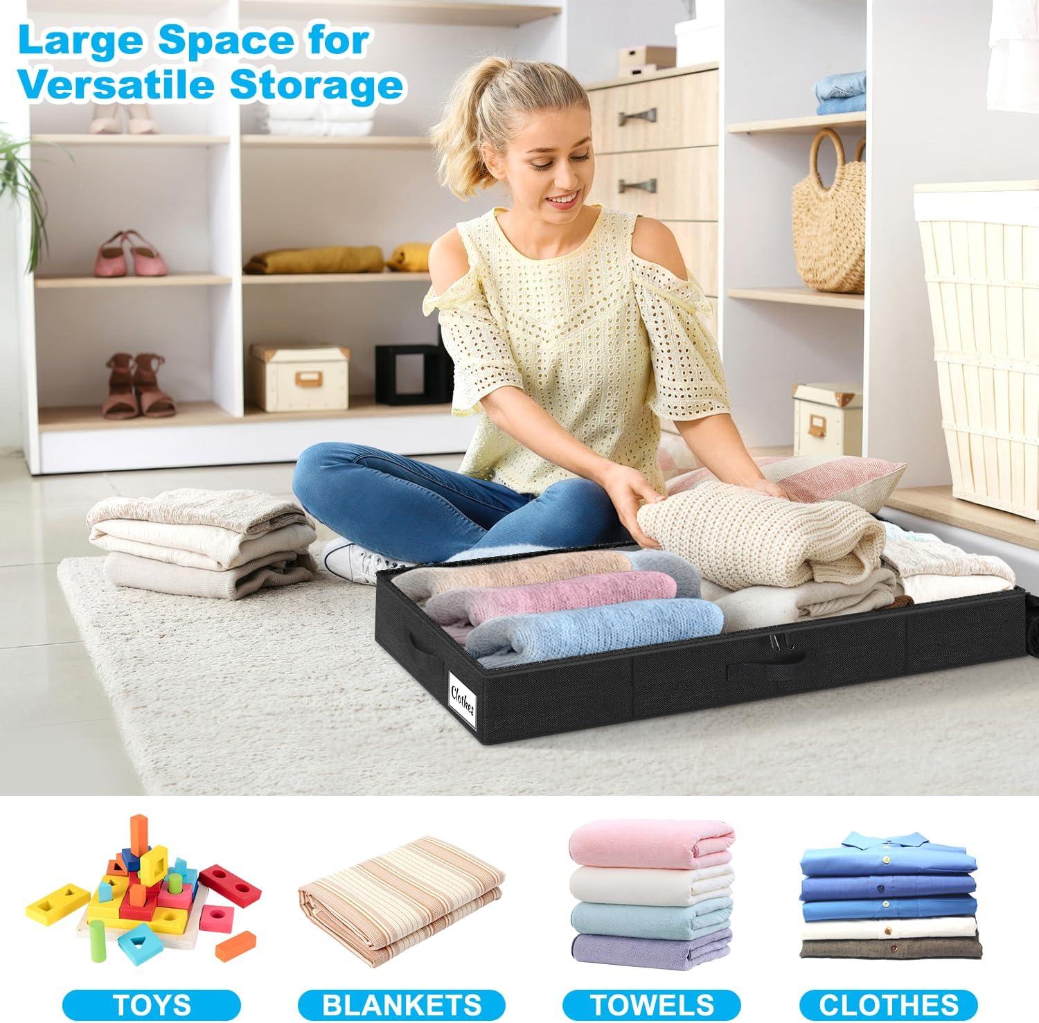 image:imageUnder Bed Storage Container Bins 2 Pack 45 Inch Slim Low Profile Underbed Clothes Storage Organizer for Dorm amp Home Use for Blanket and Toy Storage Box W Sturdy BottomSides Foldable Thick FabricBlack4 Pack