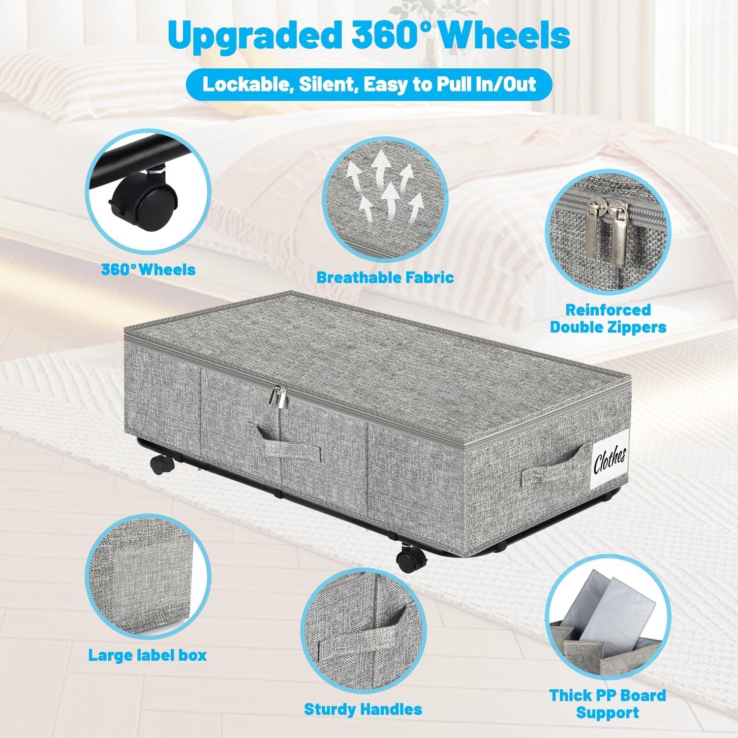 image:imageUnder Bed Storage with Wheels 2Pack 10 Height XXL 60L Rolling Storage Bins Quick Assembly Underbed Shoe Storage Containers with Clear Lid amp Label Dorm Under bed Drawers for Clothes Shoes BlackGrey2 Pack
