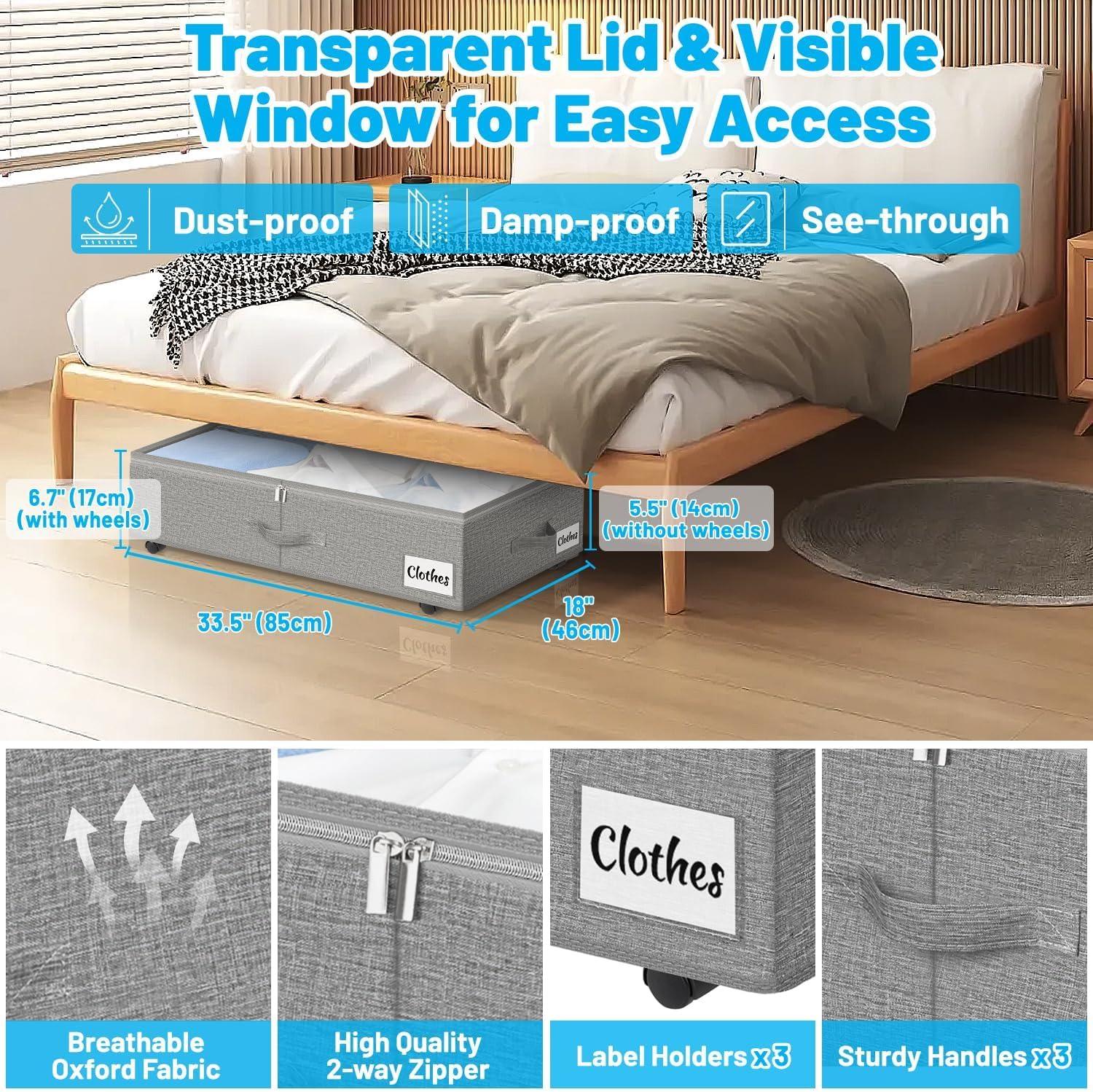 image:imageUnder Bed Storage with Wheels 2Pack 10 Height XXL 60L Rolling Storage Bins Quick Assembly Underbed Shoe Storage Containers with Clear Lid amp Label Dorm Under bed Drawers for Clothes Shoes BlackGrey2 Pack