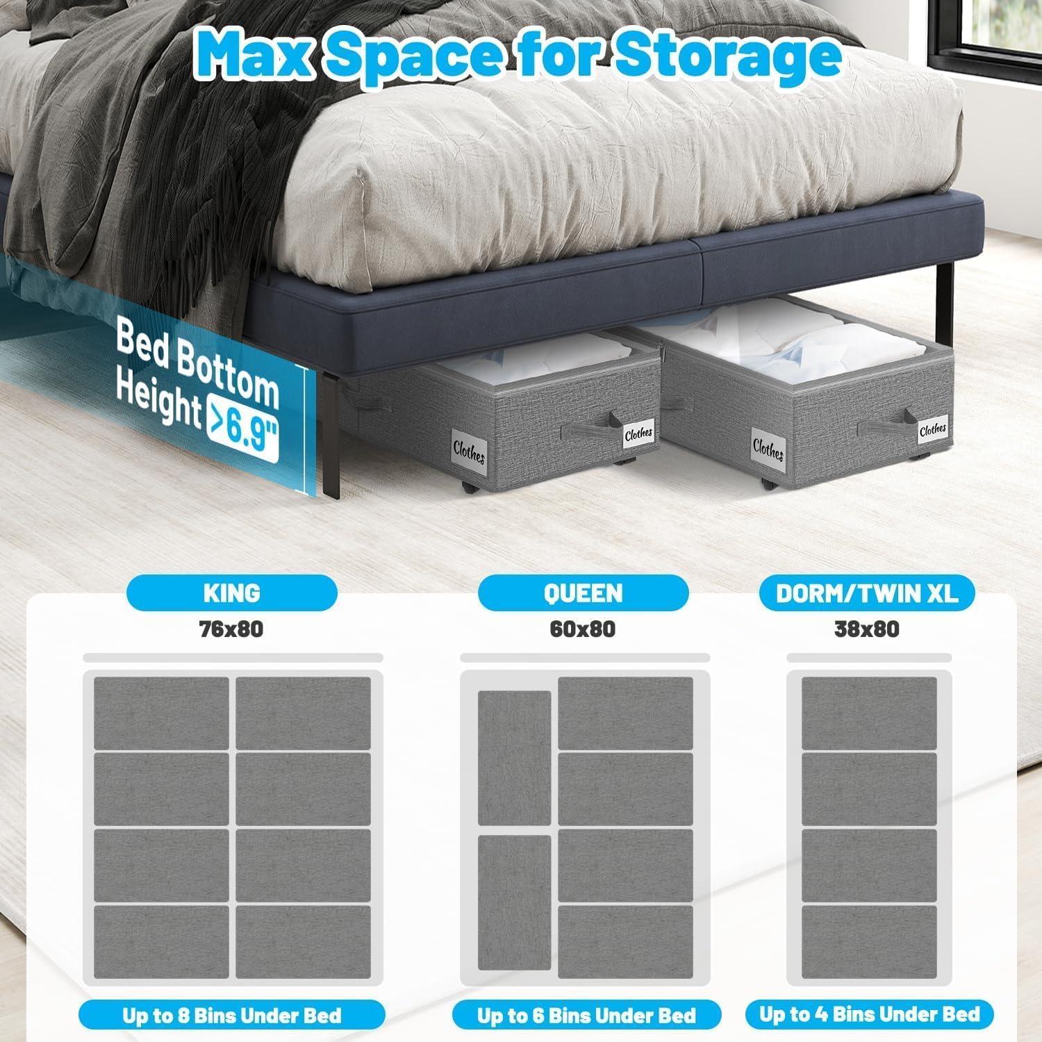 image:imageUnder Bed Storage with Wheels 2Pack 10 Height XXL 60L Rolling Storage Bins Quick Assembly Underbed Shoe Storage Containers with Clear Lid amp Label Dorm Under bed Drawers for Clothes Shoes BlackGrey2 Pack