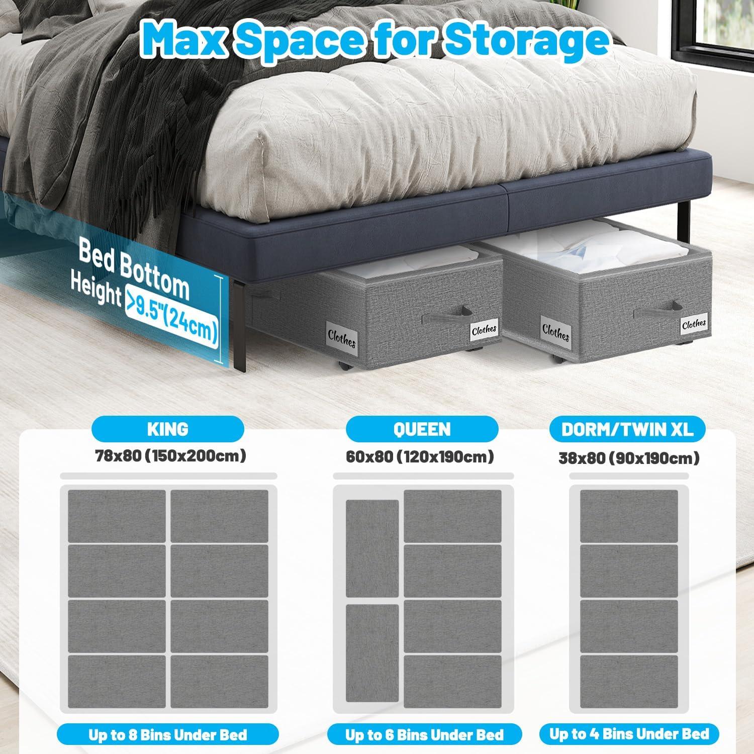 image:imageUnder Bed Storage with Wheels 2Pack 10 Height XXL 60L Rolling Storage Bins Quick Assembly Underbed Shoe Storage Containers with Clear Lid amp Label Dorm Under bed Drawers for Clothes Shoes BlackGrey2 Pack