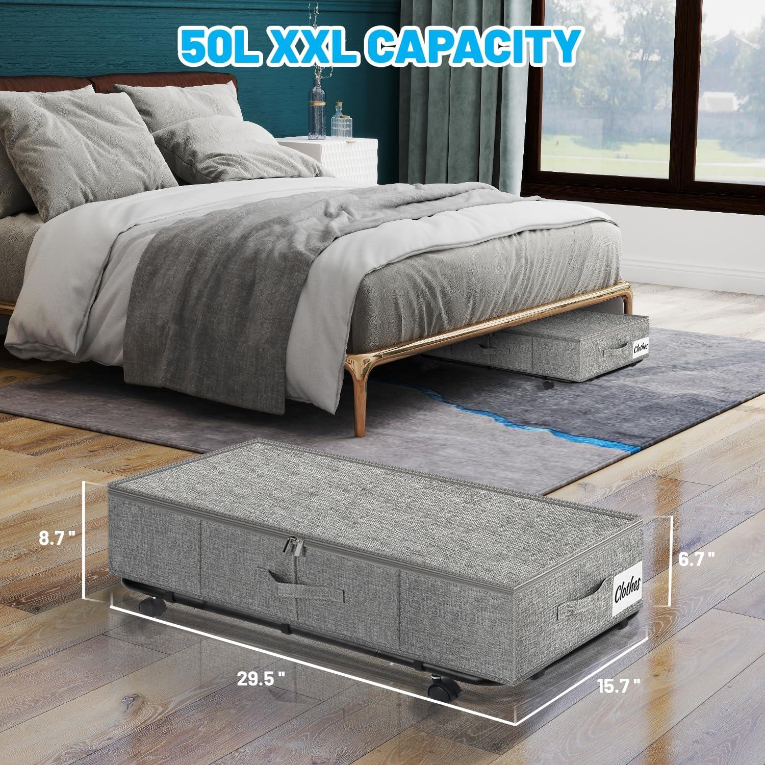 image:imageUnder Bed Storage with Wheels 2Pack 10 Height XXL 60L Rolling Storage Bins Quick Assembly Underbed Shoe Storage Containers with Clear Lid amp Label Dorm Under bed Drawers for Clothes Shoes BlackGrey2 Pack