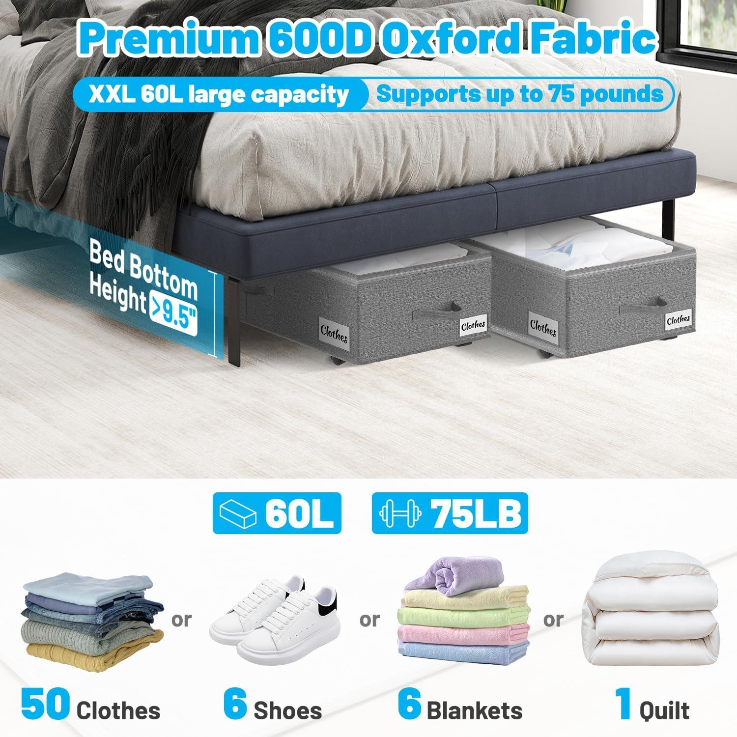 image:imageUnder Bed Storage with Wheels 2Pack 10 Height XXL 60L Rolling Storage Bins Quick Assembly Underbed Shoe Storage Containers with Clear Lid amp Label Dorm Under bed Drawers for Clothes Shoes BlackGrey2 Pack
