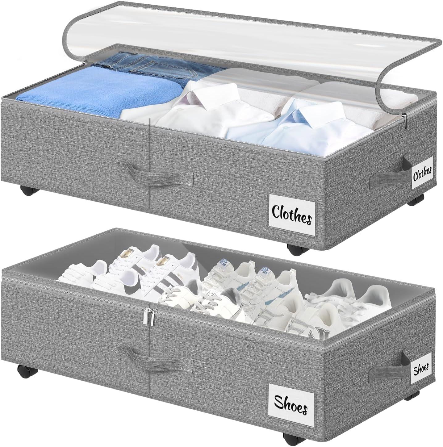 image:imageUnder Bed Storage with Wheels 2Pack 10 Height XXL 60L Rolling Storage Bins Quick Assembly Underbed Shoe Storage Containers with Clear Lid amp Label Dorm Under bed Drawers for Clothes Shoes BlackGrey2 Pack
