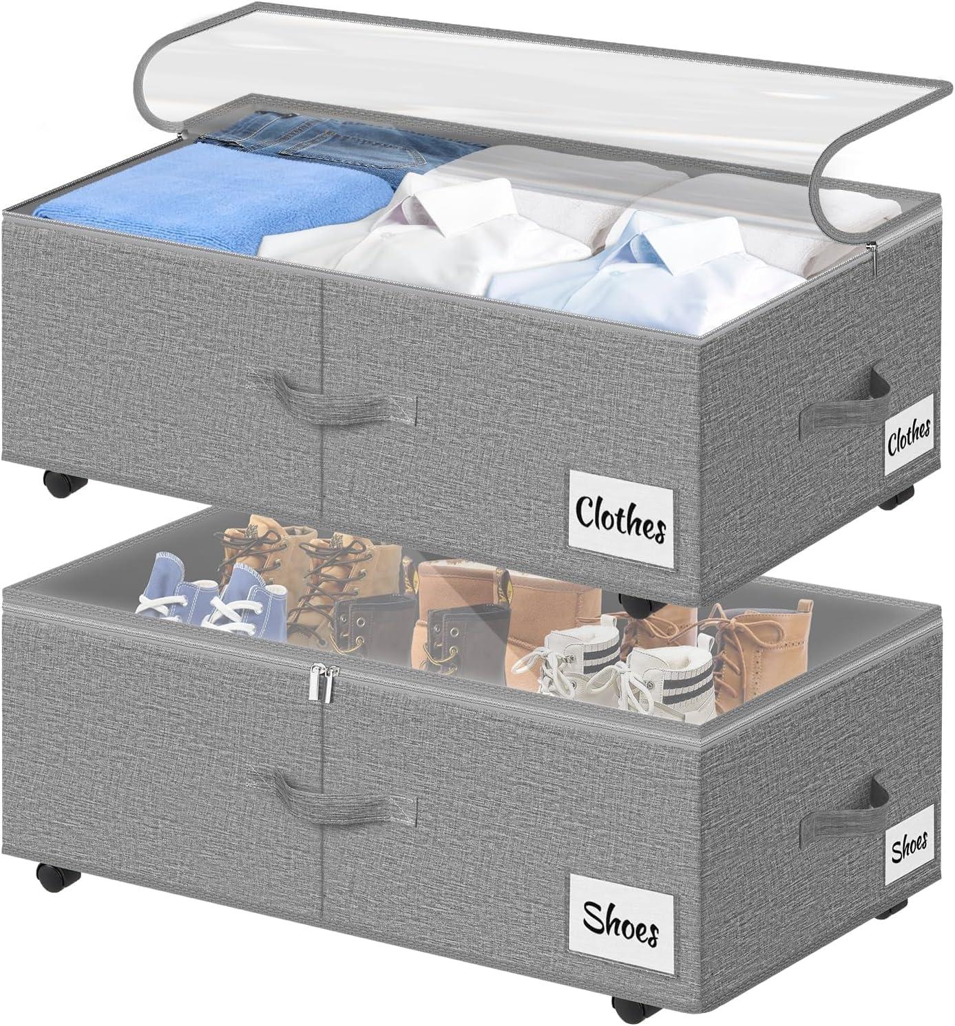 image:imageUnder Bed Storage with Wheels 2Pack 10 Height XXL 60L Rolling Storage Bins Quick Assembly Underbed Shoe Storage Containers with Clear Lid amp Label Dorm Under bed Drawers for Clothes Shoes BlackGrey2 Pack