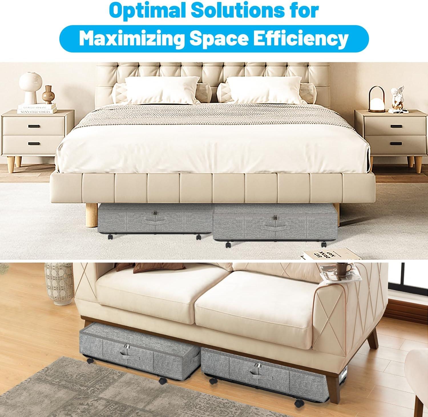 image:imageUnder Bed Storage with Wheels 2Pack 10 Height XXL 60L Rolling Storage Bins Quick Assembly Underbed Shoe Storage Containers with Clear Lid amp Label Dorm Under bed Drawers for Clothes Shoes BlackGrey2 Pack