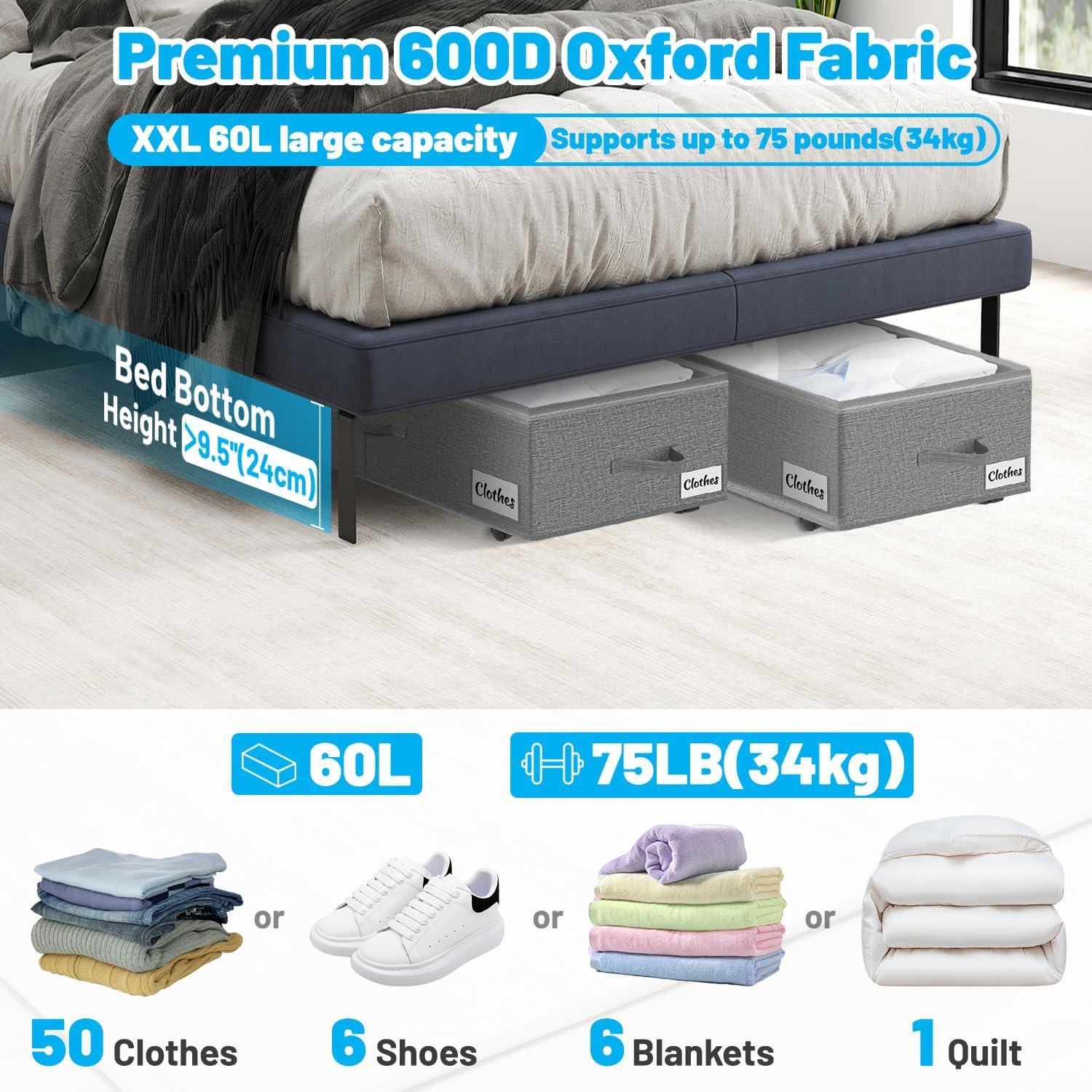 image:imageUnder Bed Storage with Wheels 2Pack 10 Height XXL 60L Rolling Storage Bins Quick Assembly Underbed Shoe Storage Containers with Clear Lid amp Label Dorm Under bed Drawers for Clothes Shoes BlackGrey2 Pack