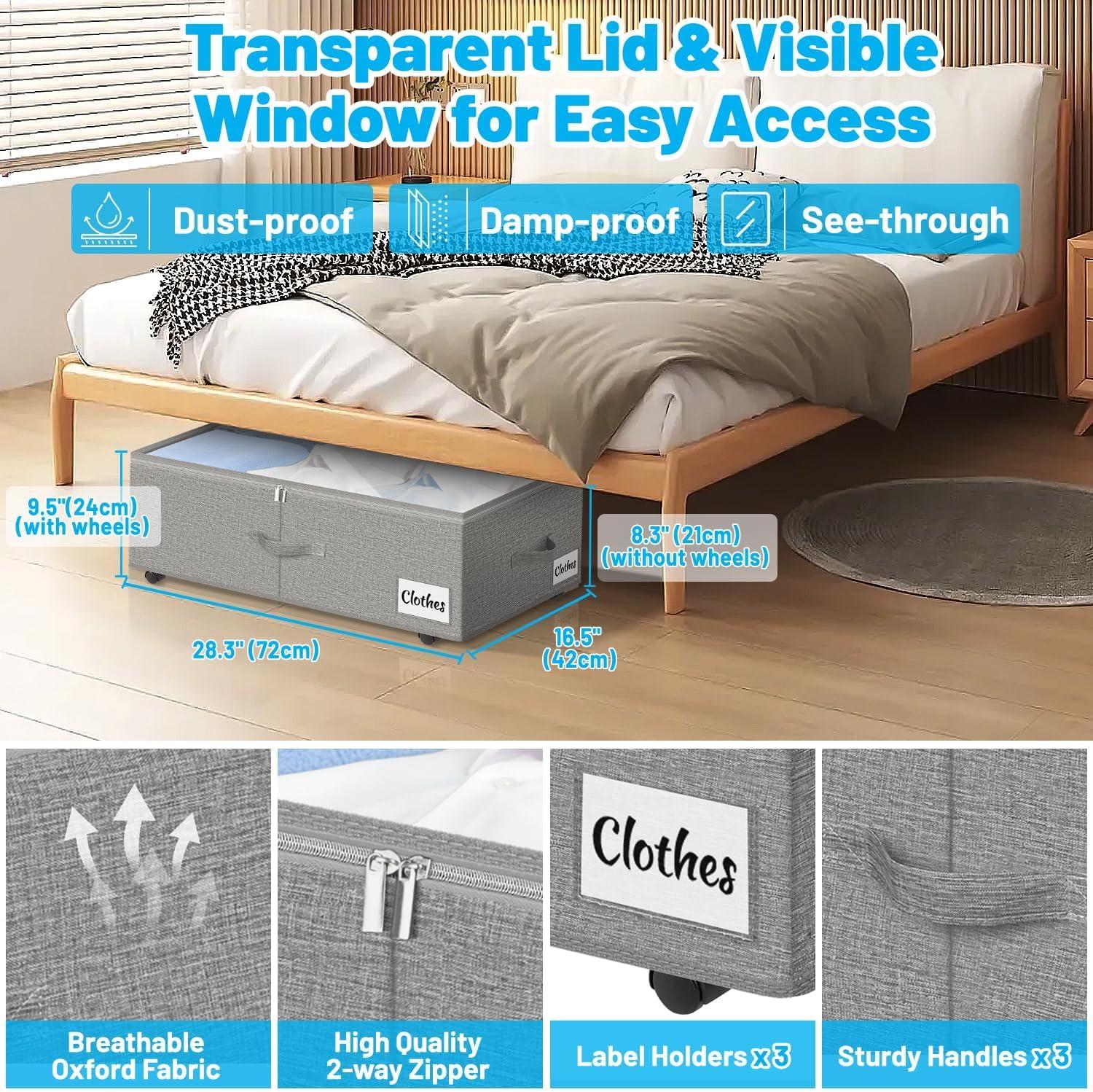 image:imageUnder Bed Storage with Wheels 2Pack 10 Height XXL 60L Rolling Storage Bins Quick Assembly Underbed Shoe Storage Containers with Clear Lid amp Label Dorm Under bed Drawers for Clothes Shoes BlackGrey2 Pack
