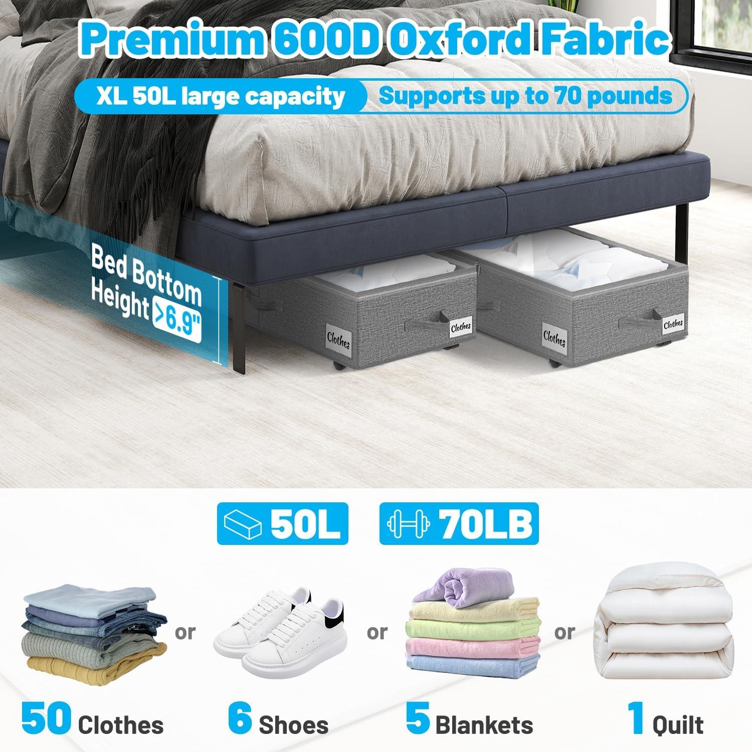 image:imageUnder Bed Storage with Wheels 2Pack 10 Height XXL 60L Rolling Storage Bins Quick Assembly Underbed Shoe Storage Containers with Clear Lid amp Label Dorm Under bed Drawers for Clothes Shoes BlackGrey2 Pack