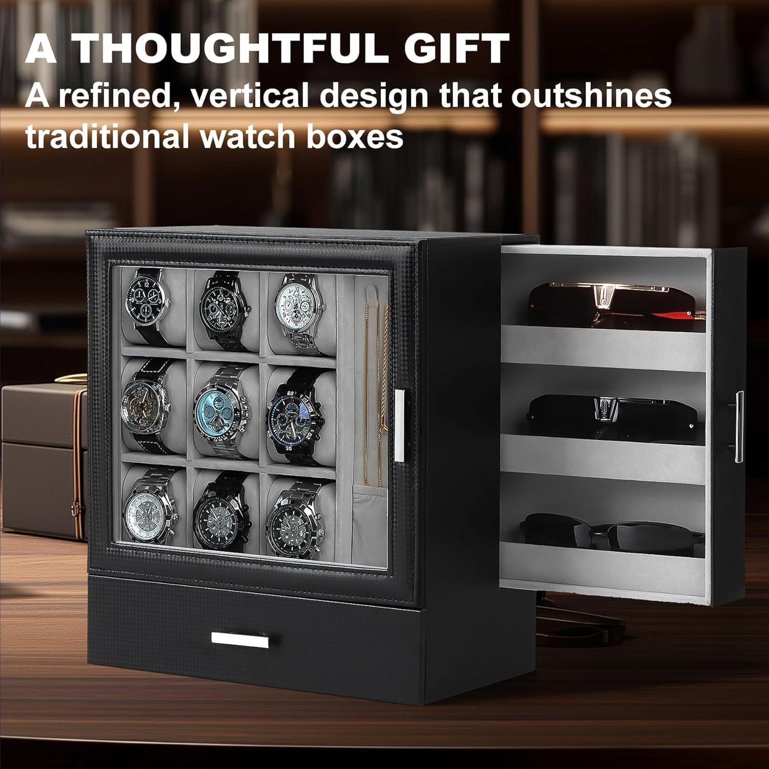 image:imageWatch Jewelry Box Organizer 6Slot 2Layer Watch Case and Sunglasses Storage with Large Glass Lid Mens Jewelry Box with Lock Watch Holder Display Case Gift for Men WomenWatch Jewelry Display Box9 Slot
