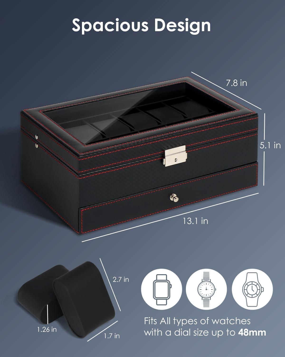 image:imageWatch Jewelry Box Organizer 6Slot 2Layer Watch Case and Sunglasses Storage with Large Glass Lid Mens Jewelry Box with Lock Watch Holder Display Case Gift for Men WomenBlack12 Slot