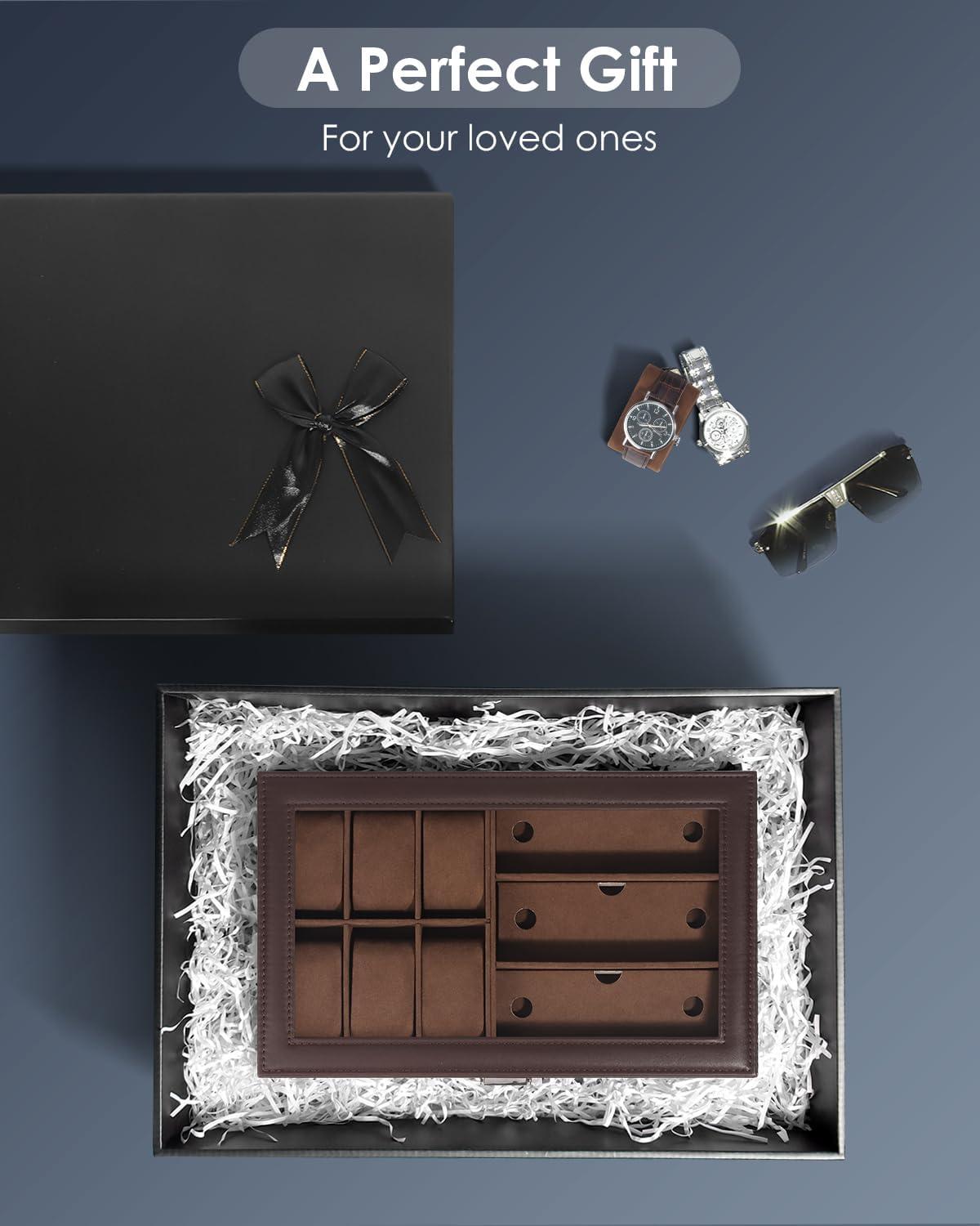 image:imageWatch Jewelry Box Organizer 6Slot 2Layer Watch Case and Sunglasses Storage with Large Glass Lid Mens Jewelry Box with Lock Watch Holder Display Case Gift for Men WomenBrown6 Slot