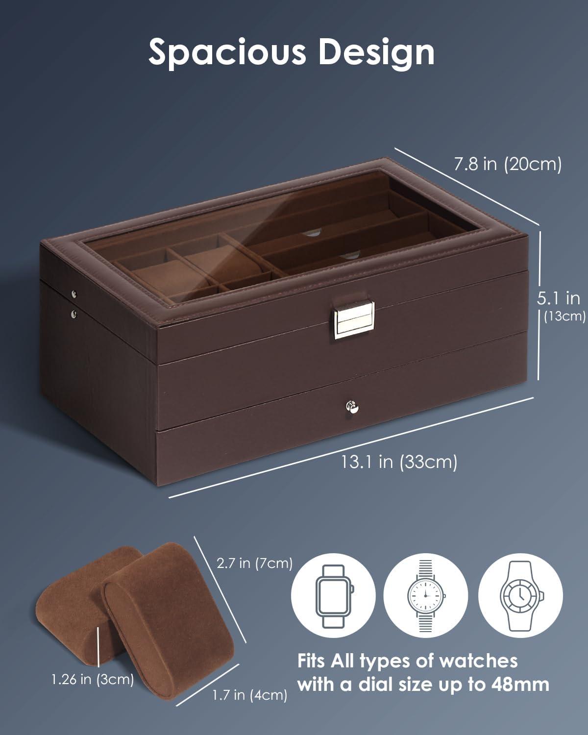 image:imageWatch Jewelry Box Organizer 6Slot 2Layer Watch Case and Sunglasses Storage with Large Glass Lid Mens Jewelry Box with Lock Watch Holder Display Case Gift for Men WomenBrown6 Slot