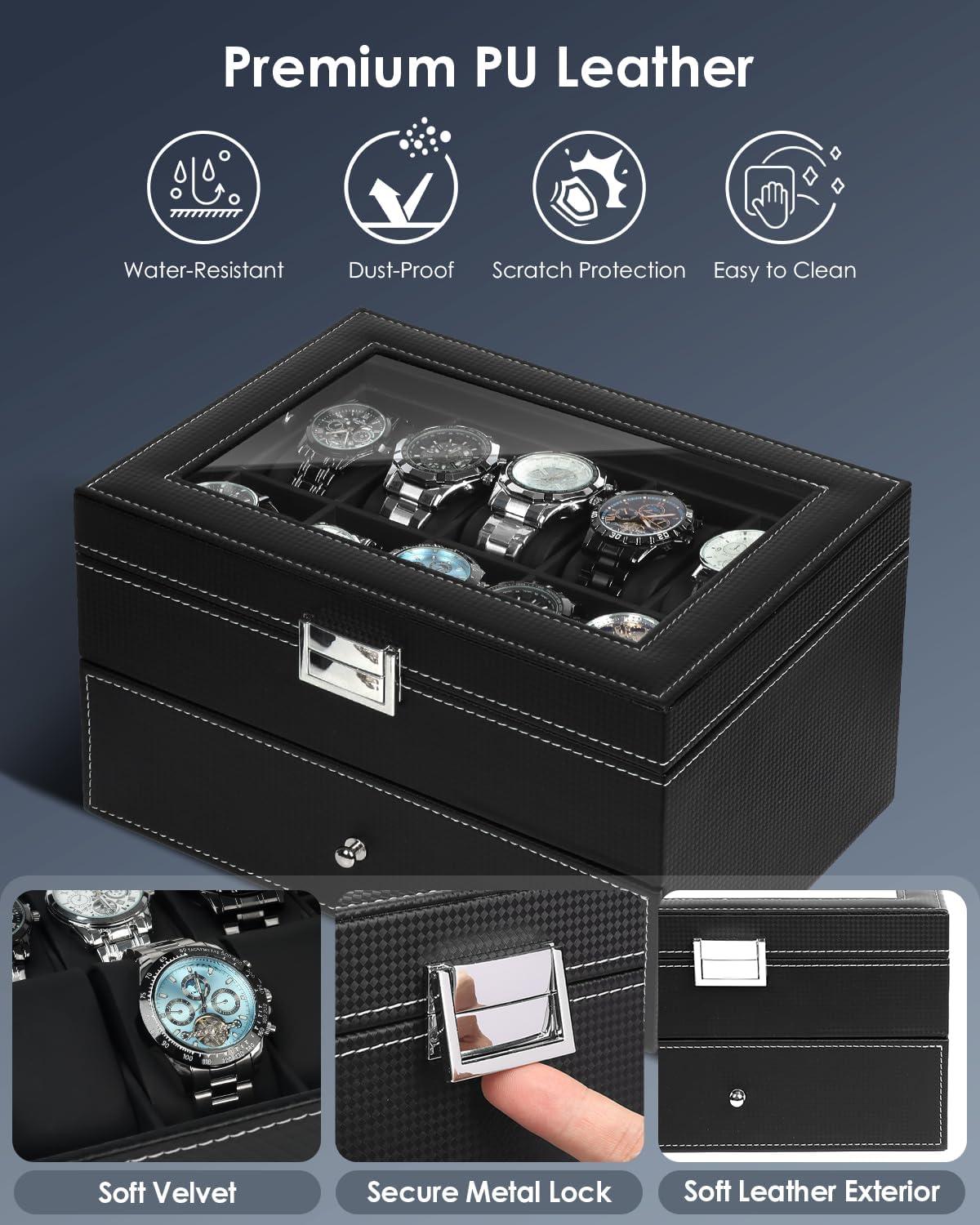 image:imageWatch Jewelry Box Organizer 6Slot 2Layer Watch Case and Sunglasses Storage with Large Glass Lid Mens Jewelry Box with Lock Watch Holder Display Case Gift for Men WomenBlack20 Slot