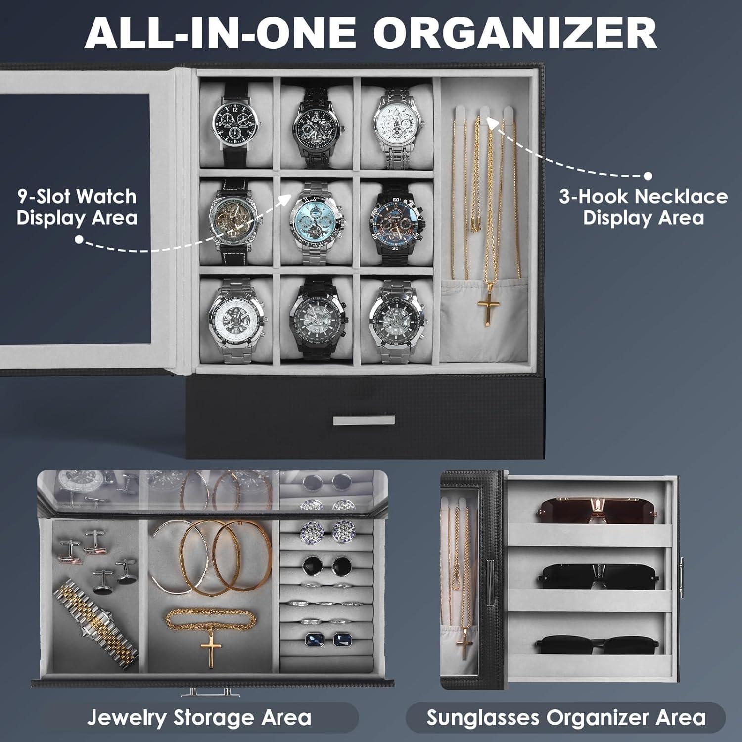 image:imageWatch Jewelry Box Organizer 6Slot 2Layer Watch Case and Sunglasses Storage with Large Glass Lid Mens Jewelry Box with Lock Watch Holder Display Case Gift for Men WomenWatch Jewelry Display Box9 Slot