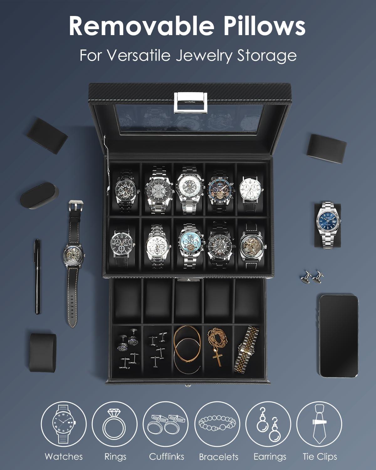 image:imageWatch Jewelry Box Organizer 6Slot 2Layer Watch Case and Sunglasses Storage with Large Glass Lid Mens Jewelry Box with Lock Watch Holder Display Case Gift for Men WomenBlack20 Slot
