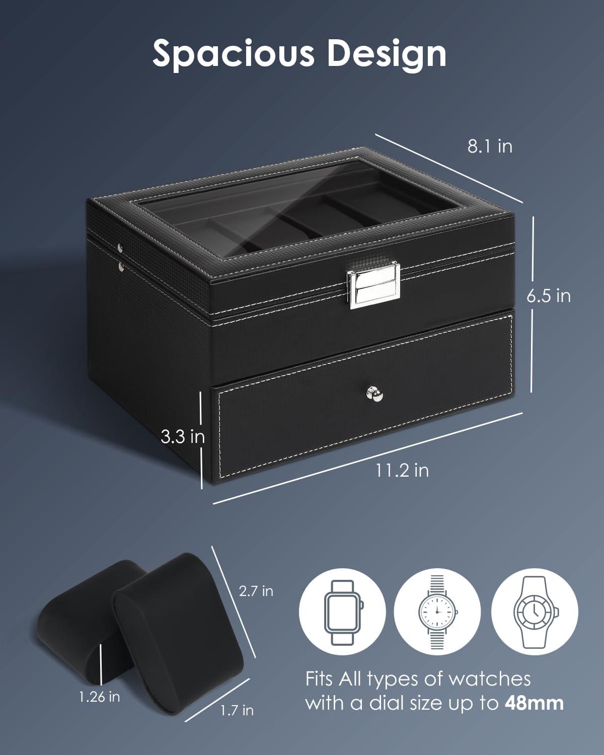 image:imageWatch Jewelry Box Organizer 6Slot 2Layer Watch Case and Sunglasses Storage with Large Glass Lid Mens Jewelry Box with Lock Watch Holder Display Case Gift for Men WomenBlack20 Slot