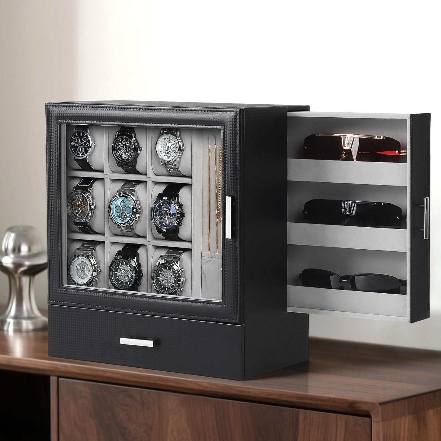 image:imageWatch Jewelry Box Organizer 6Slot 2Layer Watch Case and Sunglasses Storage with Large Glass Lid Mens Jewelry Box with Lock Watch Holder Display Case Gift for Men WomenWatch Jewelry Display Box9 Slot