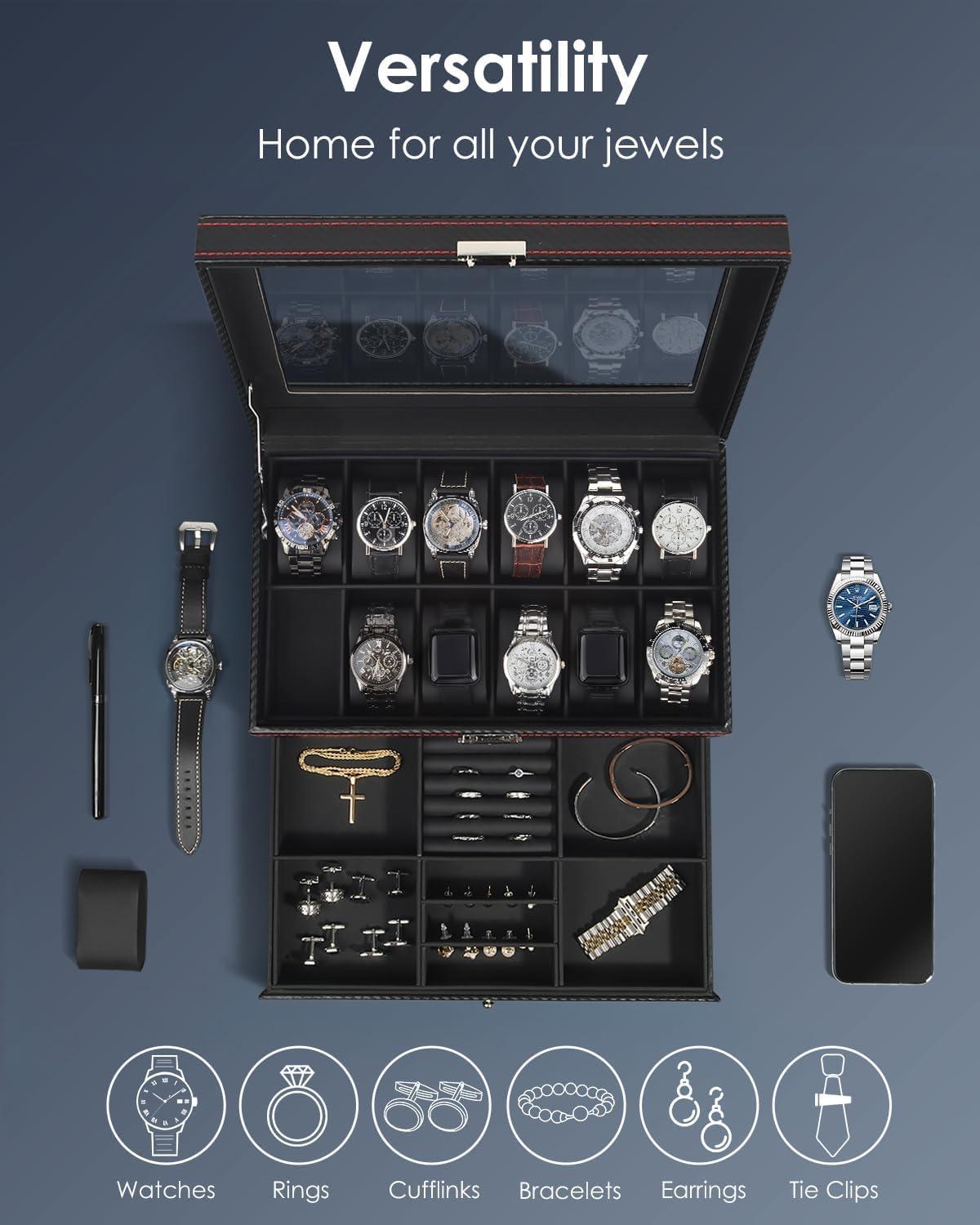 image:imageWatch Jewelry Box Organizer 6Slot 2Layer Watch Case and Sunglasses Storage with Large Glass Lid Mens Jewelry Box with Lock Watch Holder Display Case Gift for Men WomenBlack12 Slot