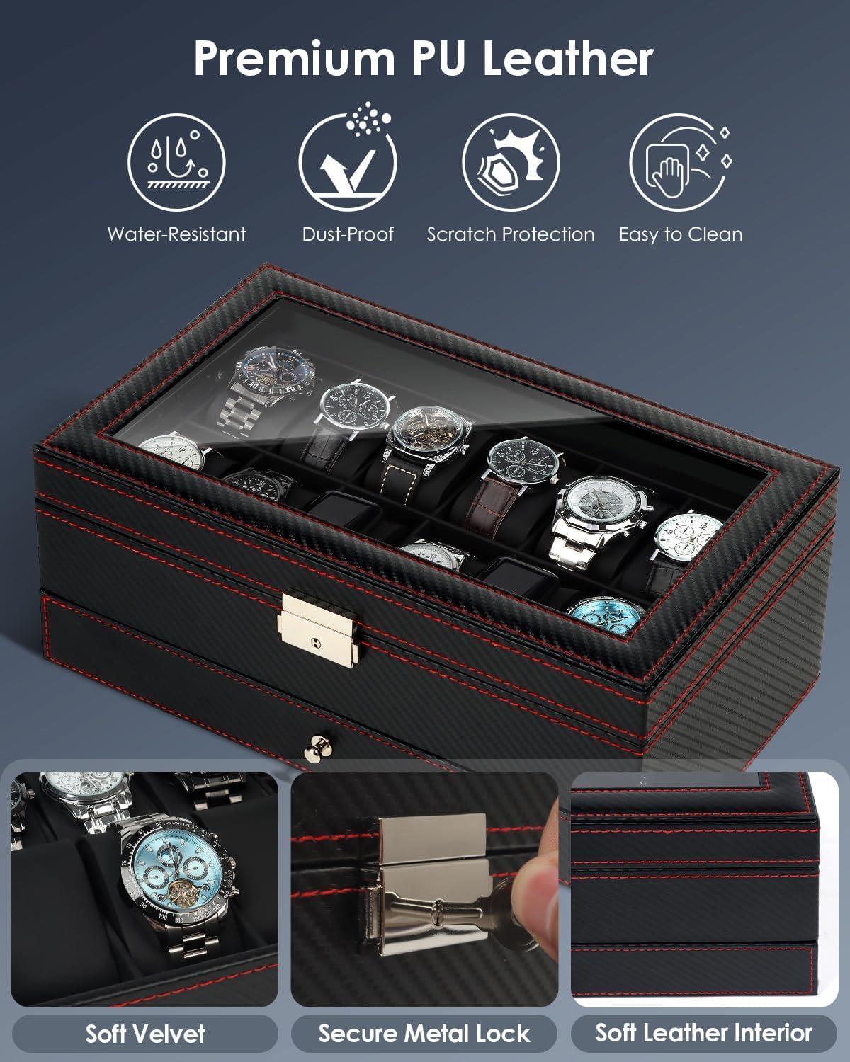 image:imageWatch Jewelry Box Organizer 6Slot 2Layer Watch Case and Sunglasses Storage with Large Glass Lid Mens Jewelry Box with Lock Watch Holder Display Case Gift for Men WomenBlack12 Slot