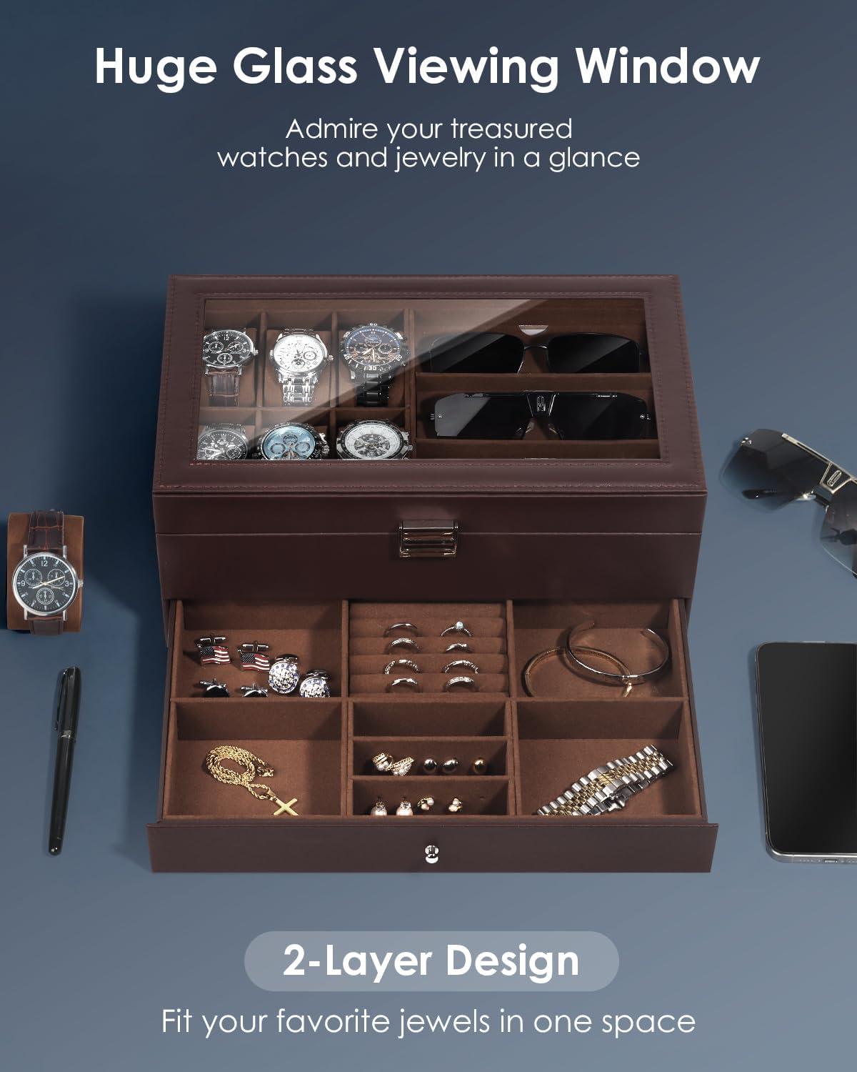 image:imageWatch Jewelry Box Organizer 6Slot 2Layer Watch Case and Sunglasses Storage with Large Glass Lid Mens Jewelry Box with Lock Watch Holder Display Case Gift for Men WomenBrown6 Slot