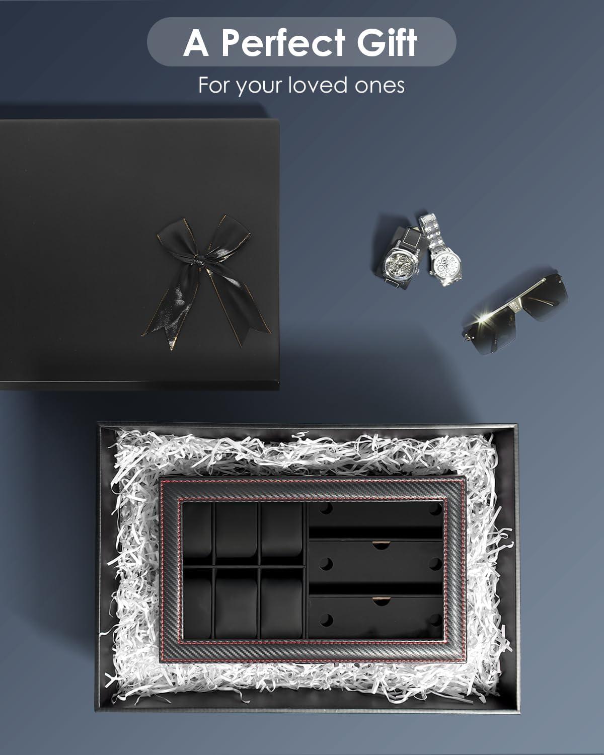 image:imageWatch Jewelry Box Organizer 6Slot 2Layer Watch Case and Sunglasses Storage with Large Glass Lid Mens Jewelry Box with Lock Watch Holder Display Case Gift for Men WomenBlack6 Slot