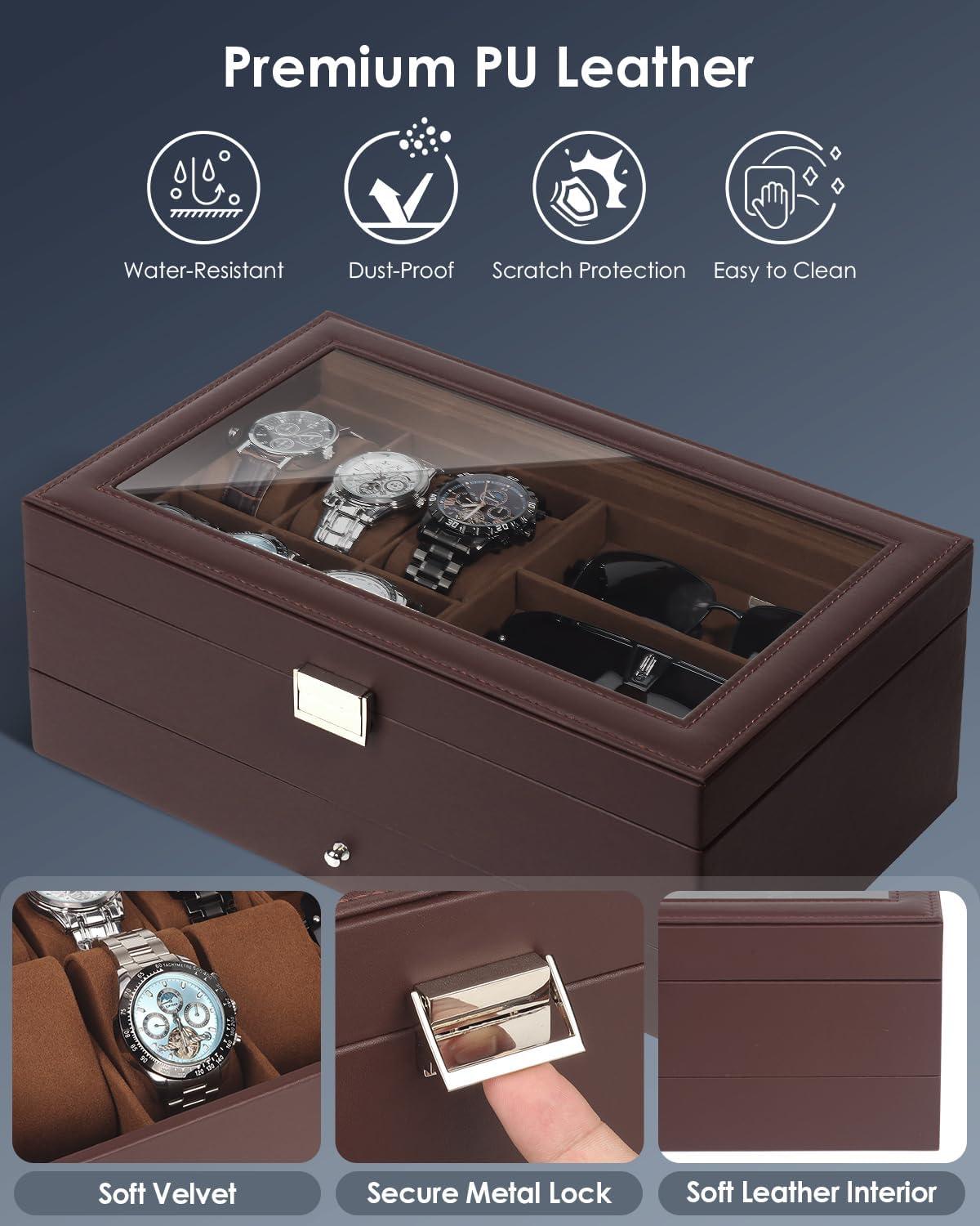image:imageWatch Jewelry Box Organizer 6Slot 2Layer Watch Case and Sunglasses Storage with Large Glass Lid Mens Jewelry Box with Lock Watch Holder Display Case Gift for Men WomenBrown6 Slot