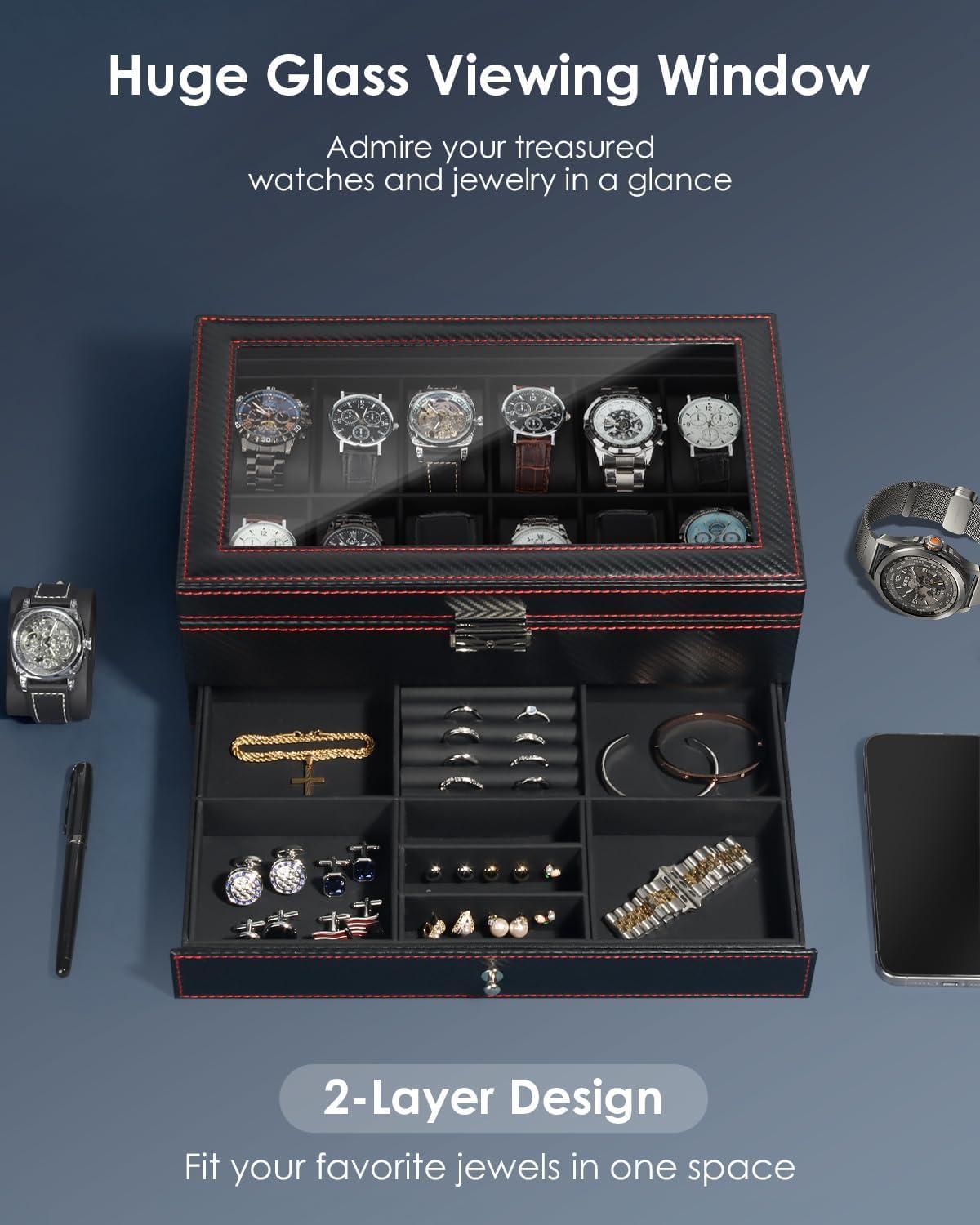 image:imageWatch Jewelry Box Organizer 6Slot 2Layer Watch Case and Sunglasses Storage with Large Glass Lid Mens Jewelry Box with Lock Watch Holder Display Case Gift for Men WomenBlack12 Slot