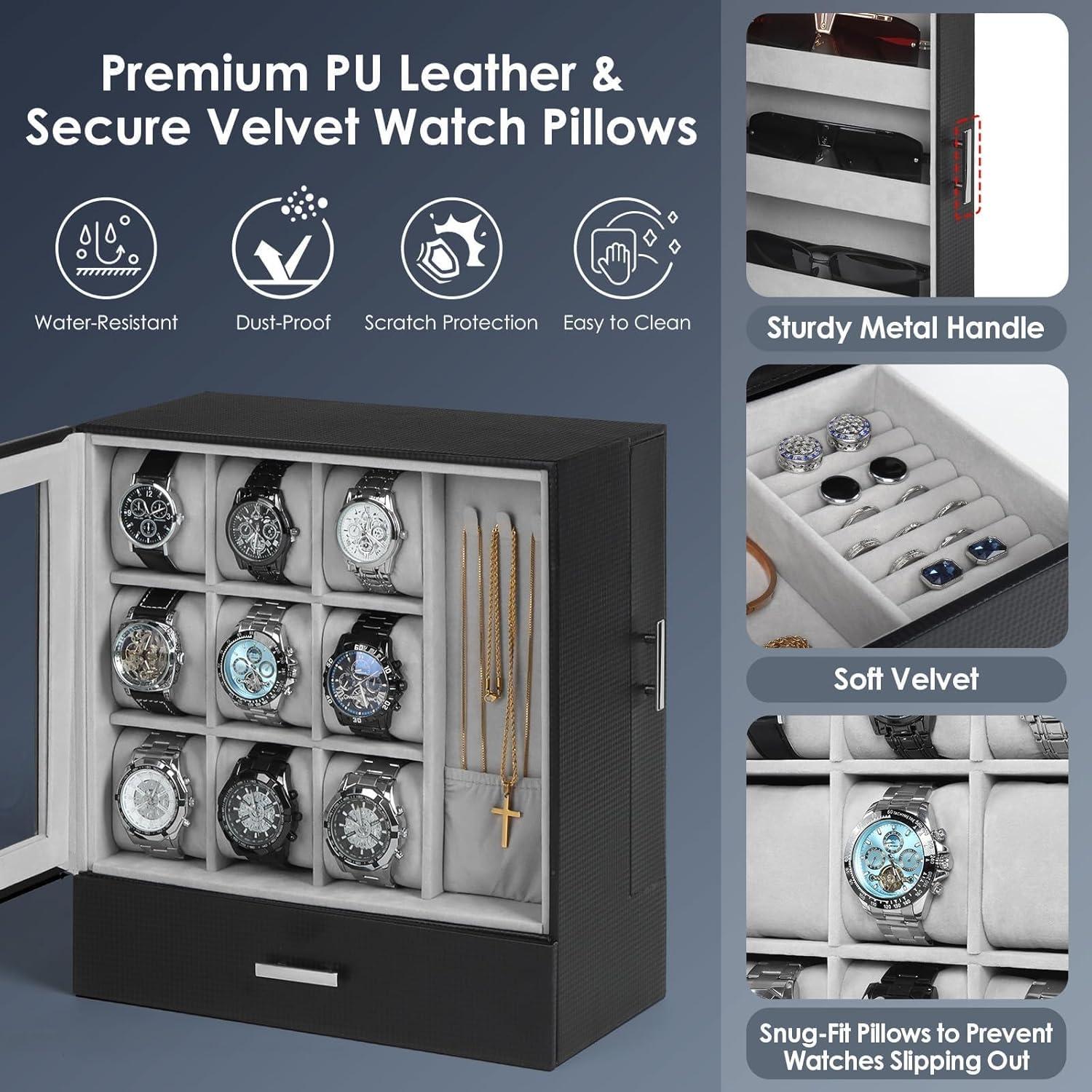 image:imageWatch Jewelry Box Organizer 6Slot 2Layer Watch Case and Sunglasses Storage with Large Glass Lid Mens Jewelry Box with Lock Watch Holder Display Case Gift for Men WomenWatch Jewelry Display Box9 Slot