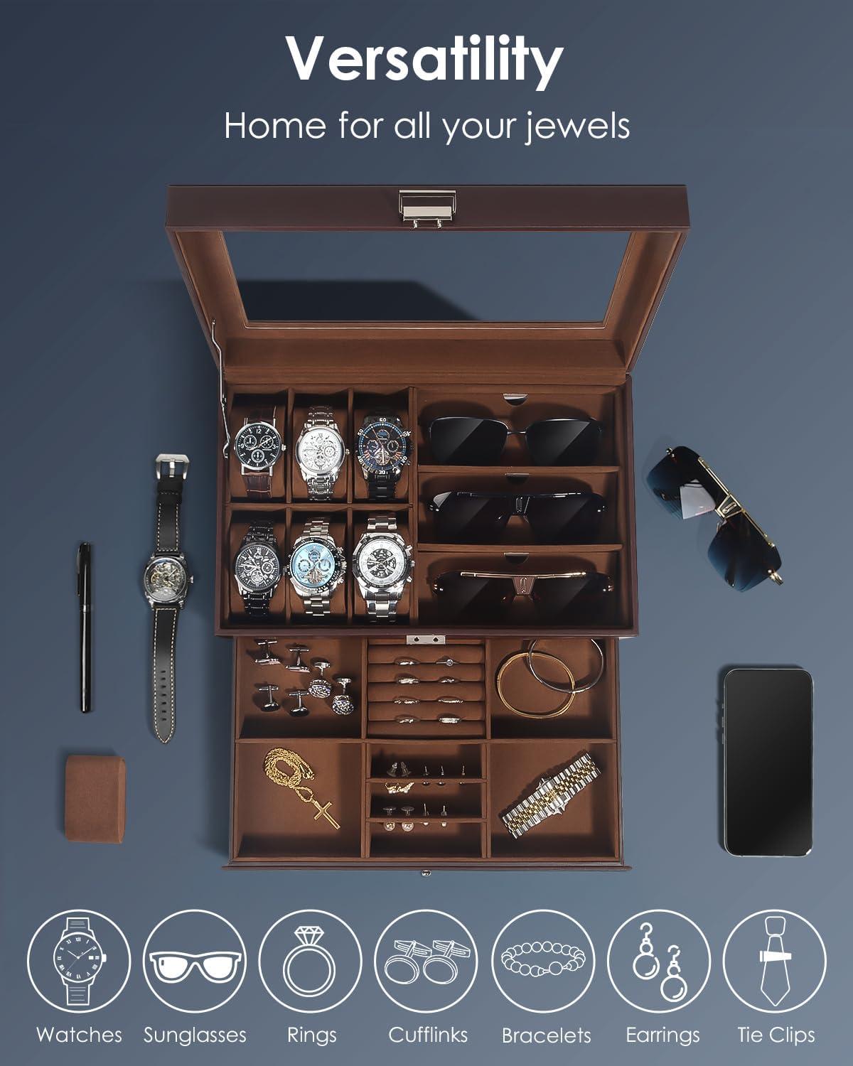 image:imageWatch Jewelry Box Organizer 6Slot 2Layer Watch Case and Sunglasses Storage with Large Glass Lid Mens Jewelry Box with Lock Watch Holder Display Case Gift for Men WomenBrown6 Slot