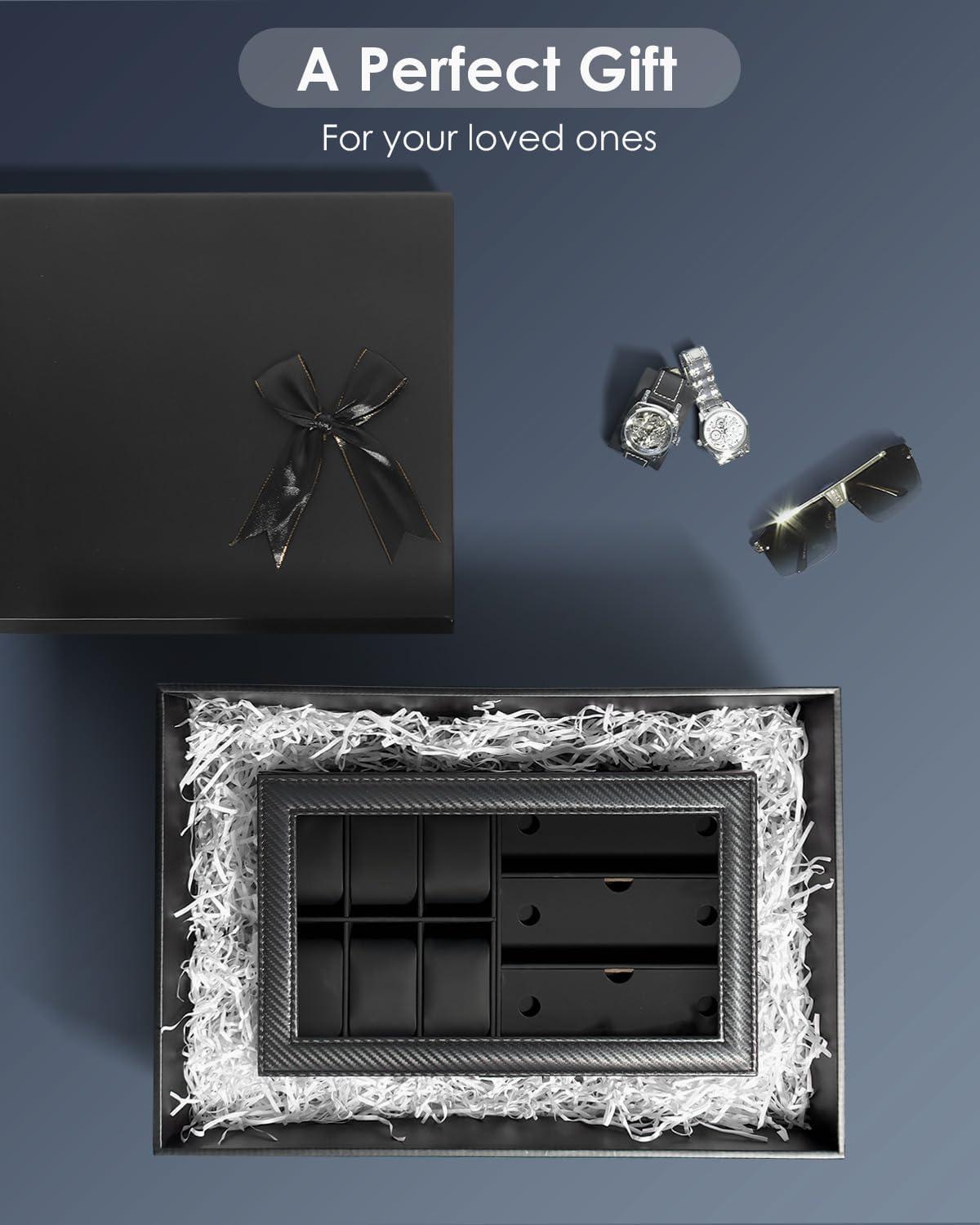image:imageWatch Jewelry Box Organizer 6Slot 2Layer Watch Case and Sunglasses Storage with Large Glass Lid Mens Jewelry Box with Lock Watch Holder Display Case Gift for Men WomenAll Black6 Slot