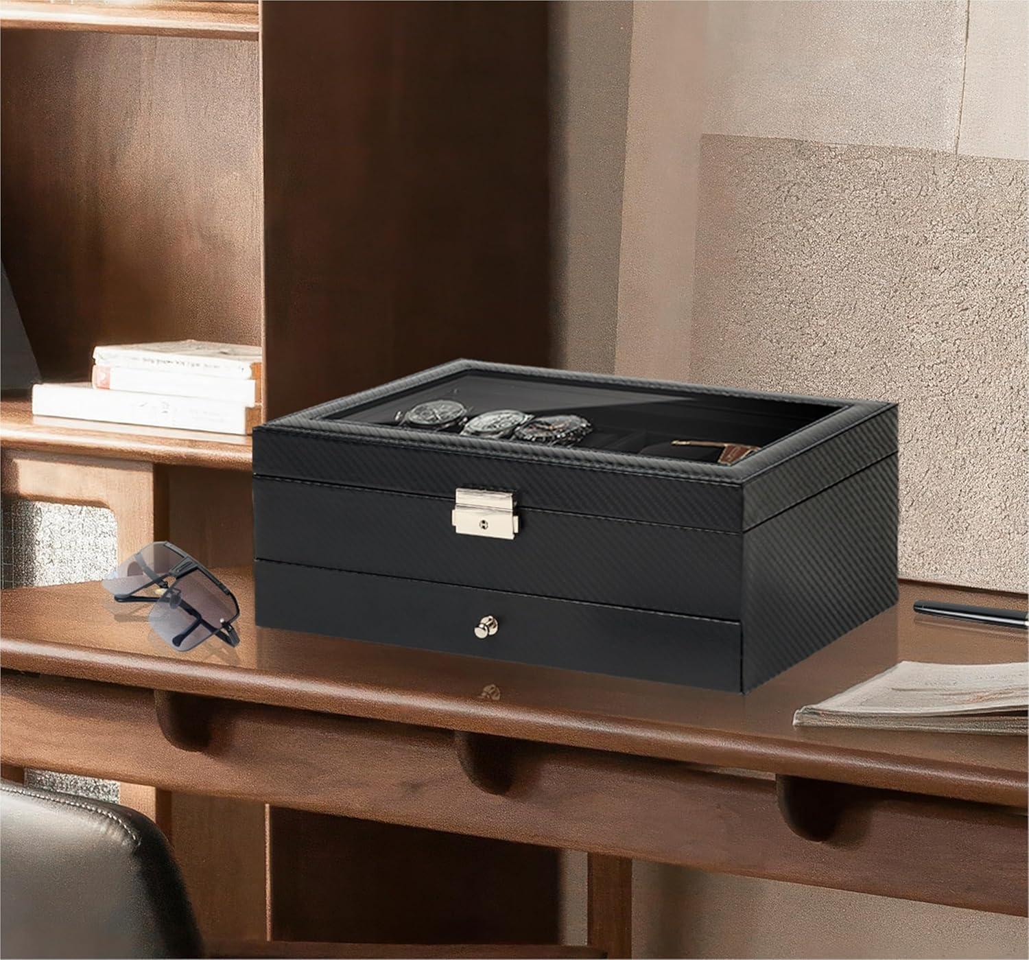 image:imageWatch Jewelry Box Organizer 6Slot 2Layer Watch Case and Sunglasses Storage with Large Glass Lid Mens Jewelry Box with Lock Watch Holder Display Case Gift for Men WomenAll Black6 Slot