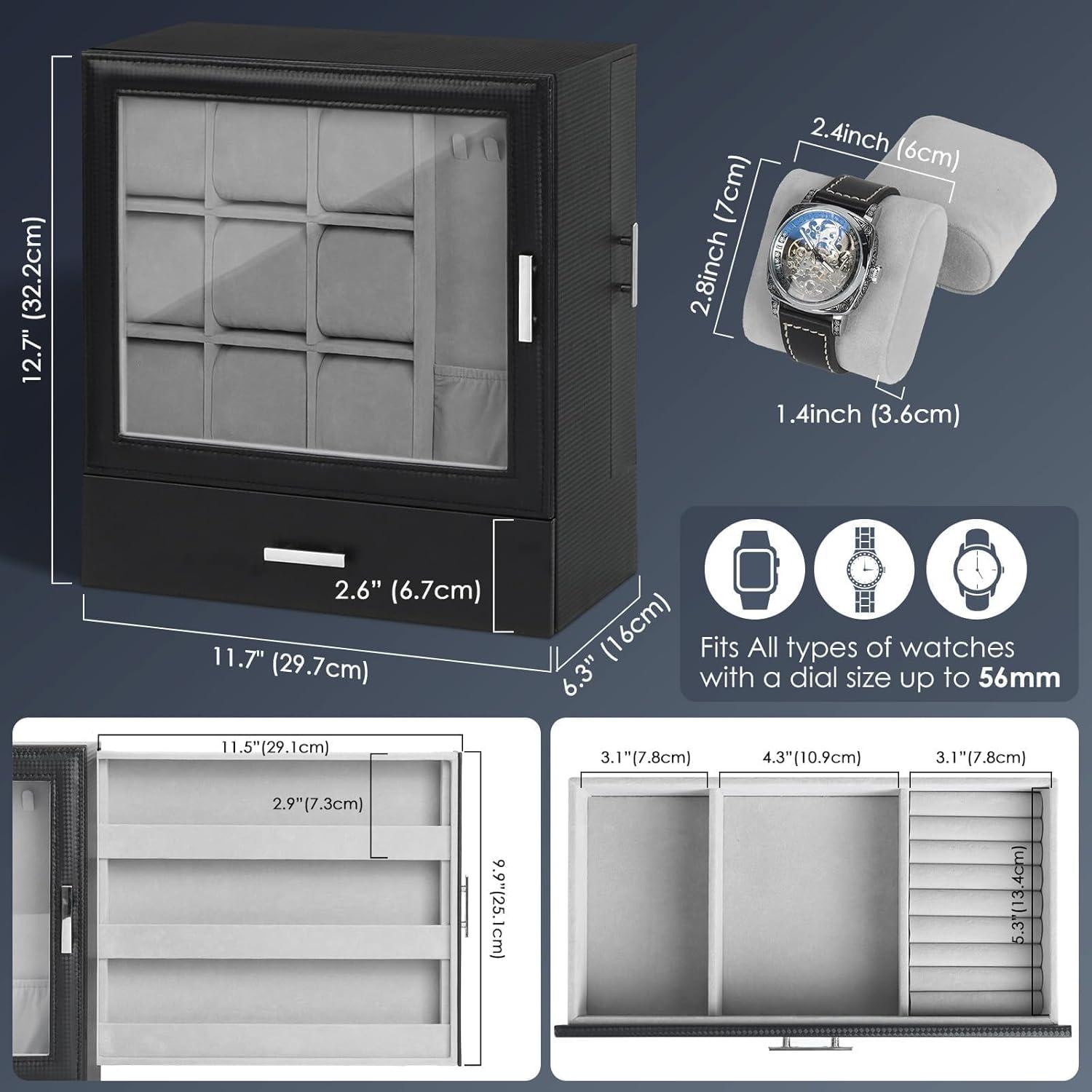 image:imageWatch Jewelry Box Organizer 6Slot 2Layer Watch Case and Sunglasses Storage with Large Glass Lid Mens Jewelry Box with Lock Watch Holder Display Case Gift for Men WomenWatch Jewelry Display Box9 Slot