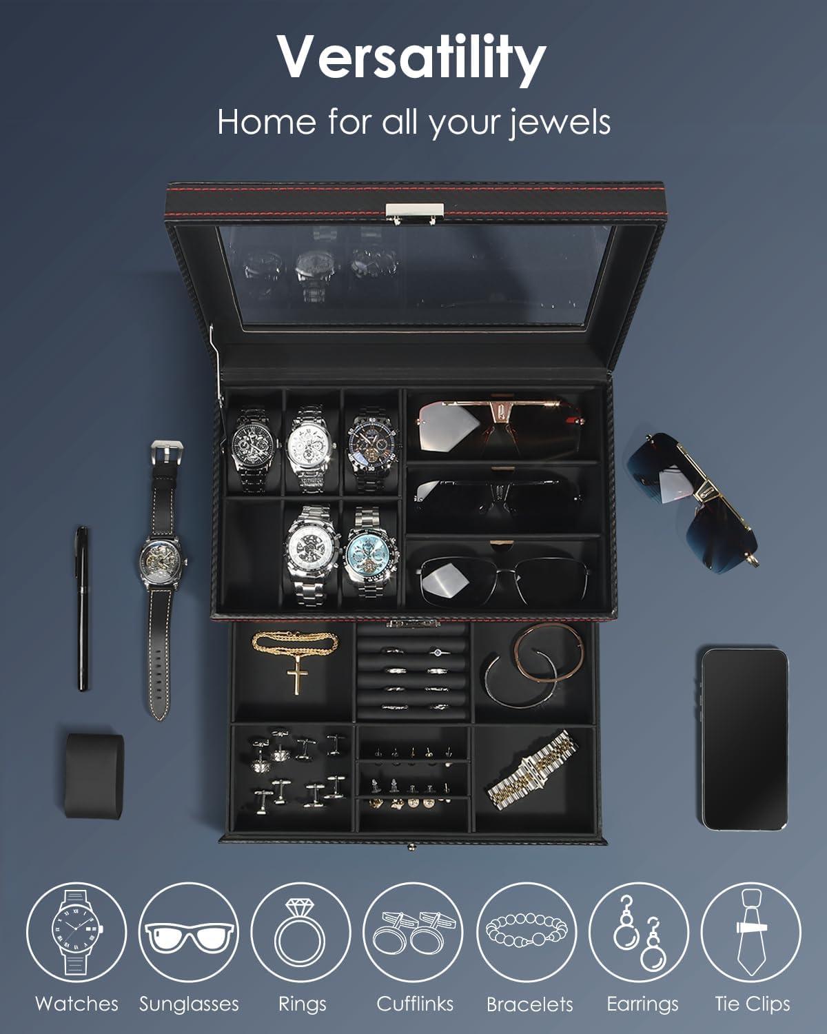 image:imageWatch Jewelry Box Organizer 6Slot 2Layer Watch Case and Sunglasses Storage with Large Glass Lid Mens Jewelry Box with Lock Watch Holder Display Case Gift for Men WomenBlack6 Slot