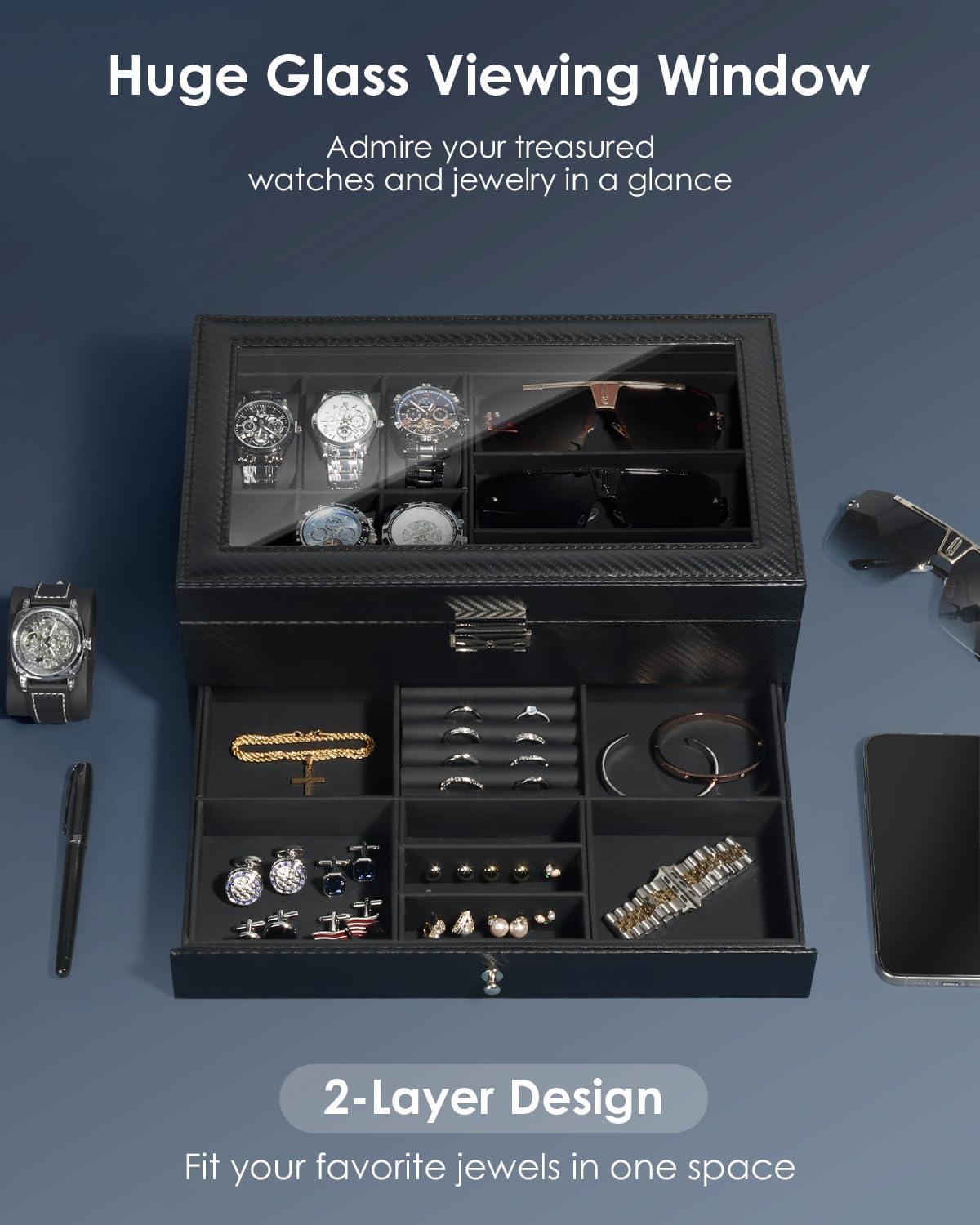 image:imageWatch Jewelry Box Organizer 6Slot 2Layer Watch Case and Sunglasses Storage with Large Glass Lid Mens Jewelry Box with Lock Watch Holder Display Case Gift for Men WomenAll Black6 Slot