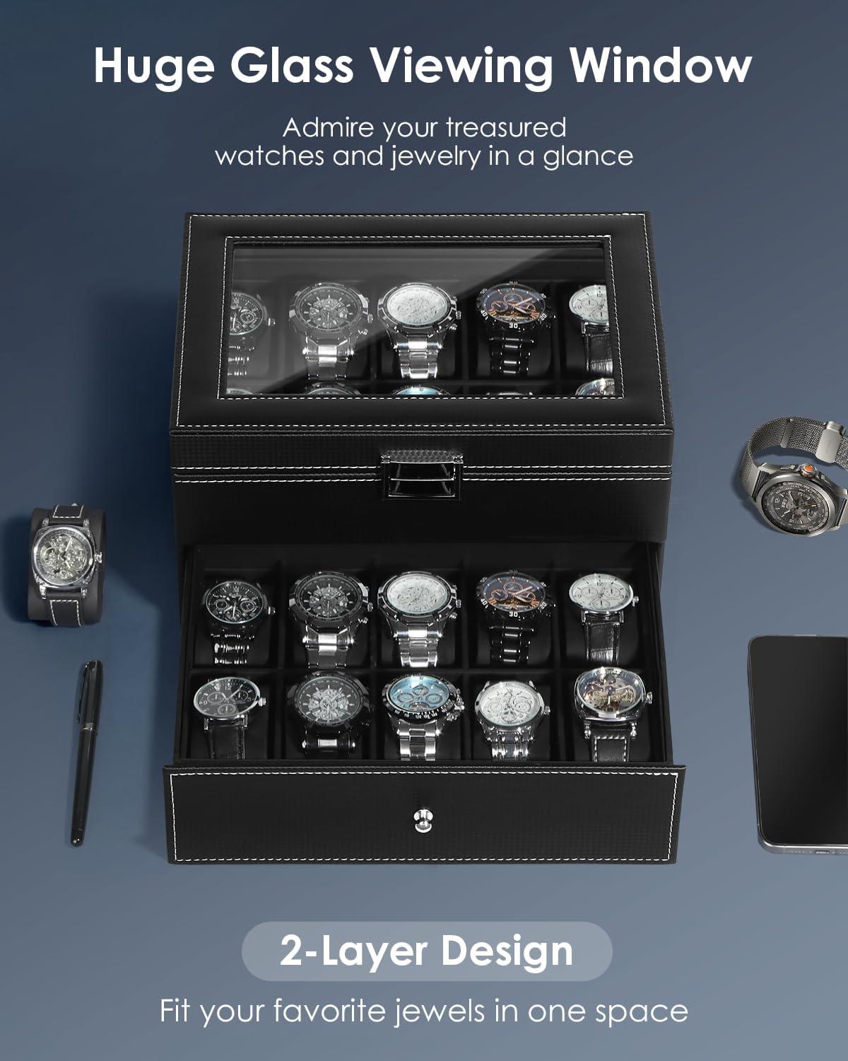 image:imageWatch Jewelry Box Organizer 6Slot 2Layer Watch Case and Sunglasses Storage with Large Glass Lid Mens Jewelry Box with Lock Watch Holder Display Case Gift for Men WomenBlack20 Slot
