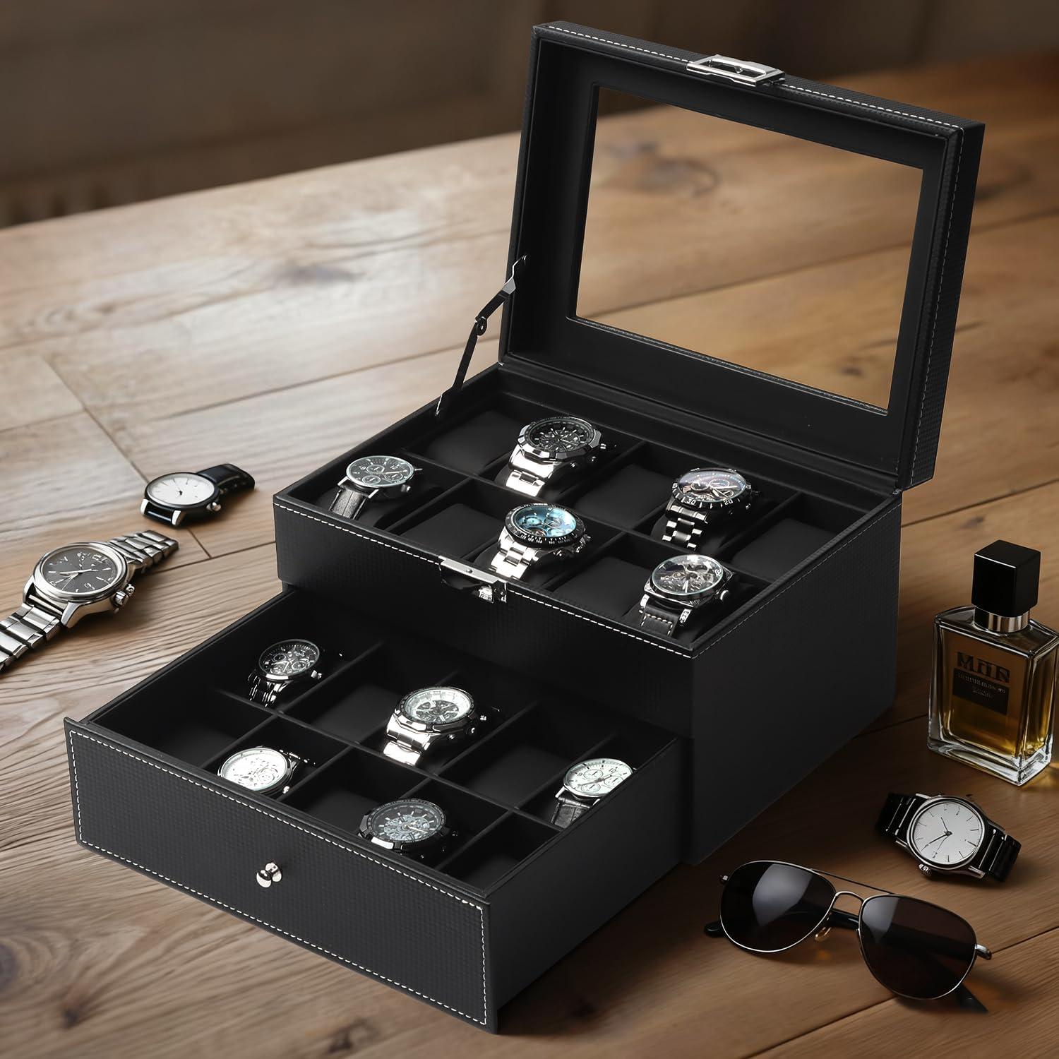 image:imageWatch Jewelry Box Organizer 6Slot 2Layer Watch Case and Sunglasses Storage with Large Glass Lid Mens Jewelry Box with Lock Watch Holder Display Case Gift for Men WomenBlack20 Slot