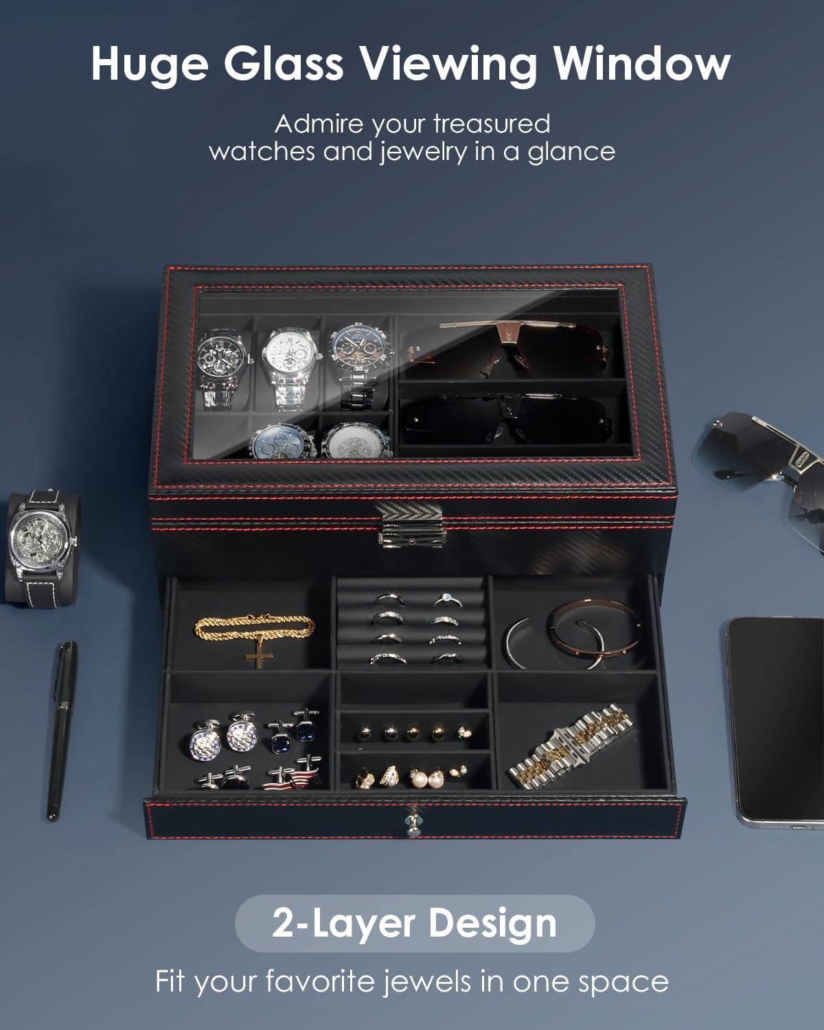 image:imageWatch Jewelry Box Organizer 6Slot 2Layer Watch Case and Sunglasses Storage with Large Glass Lid Mens Jewelry Box with Lock Watch Holder Display Case Gift for Men WomenBlack6 Slot