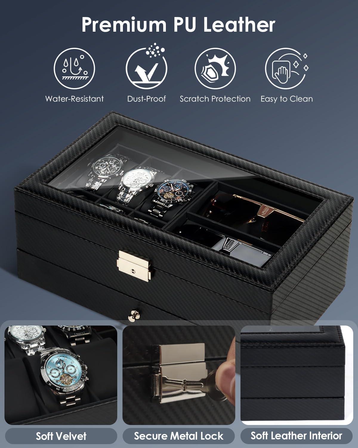 image:imageWatch Jewelry Box Organizer 6Slot 2Layer Watch Case and Sunglasses Storage with Large Glass Lid Mens Jewelry Box with Lock Watch Holder Display Case Gift for Men WomenAll Black6 Slot