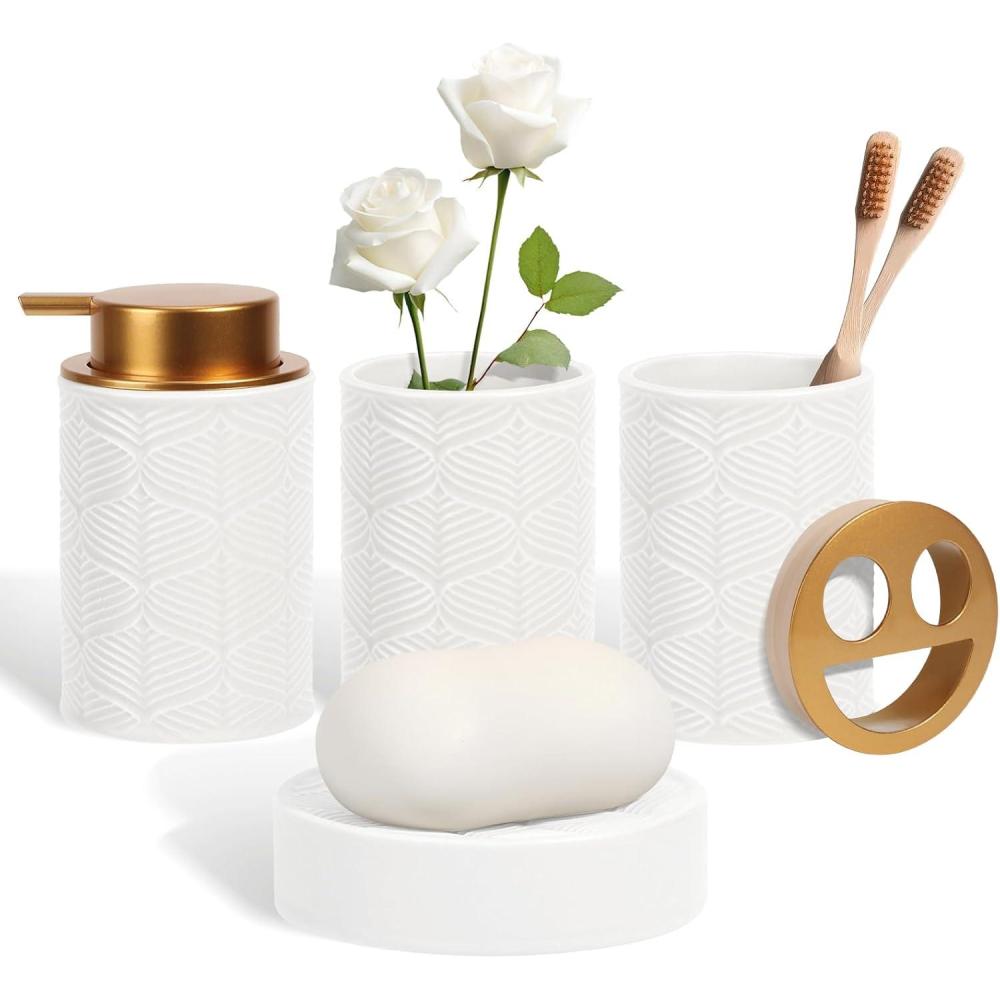 image:imageCeramic Bathroom Accessories Set 4 PcsIncludes Lotion Soap Dispenser Toothbrush Holder Vanity Tray and Tumbler Modern Bathroom Decor Organizer with Soap Dish Apothecary Jar Beige ColorCeramic White