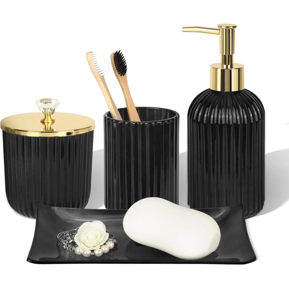 image:imageCeramic Bathroom Accessories Set 4 PcsIncludes Lotion Soap Dispenser Toothbrush Holder Vanity Tray and Tumbler Modern Bathroom Decor Organizer with Soap Dish Apothecary Jar Beige ColorGlass Black