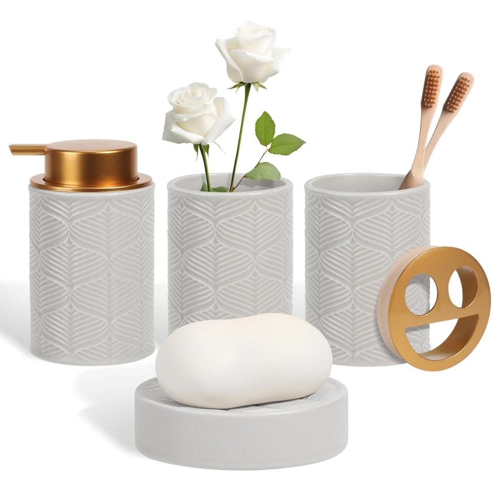 image:imageCeramic Bathroom Accessories Set 4 PcsIncludes Lotion Soap Dispenser Toothbrush Holder Vanity Tray and Tumbler Modern Bathroom Decor Organizer with Soap Dish Apothecary Jar Beige ColorCeramic Grey